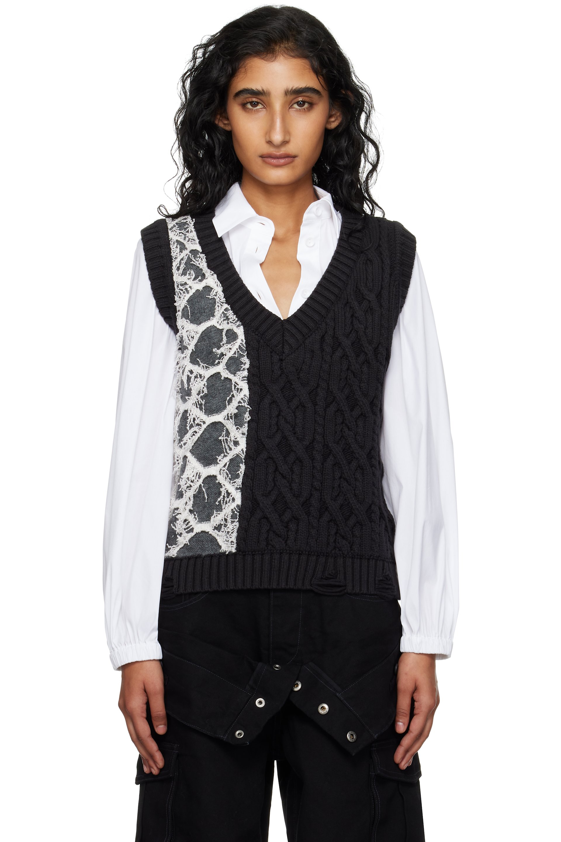 Andersson Bell - Black & Gray Boucle Cable Patchwork Knit Vest
