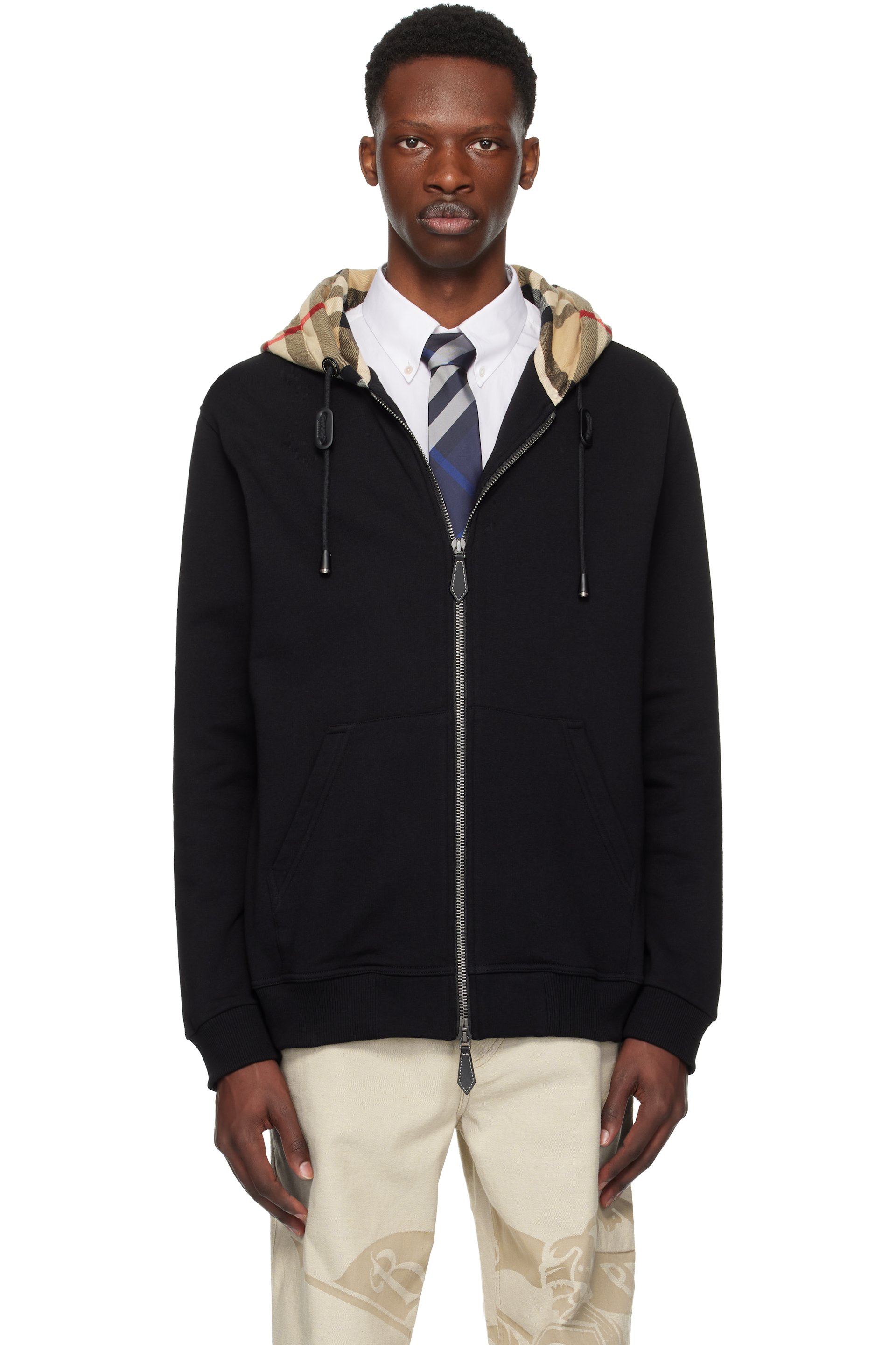 Burberry - Black Check Hood Cotton Zip Hoodie