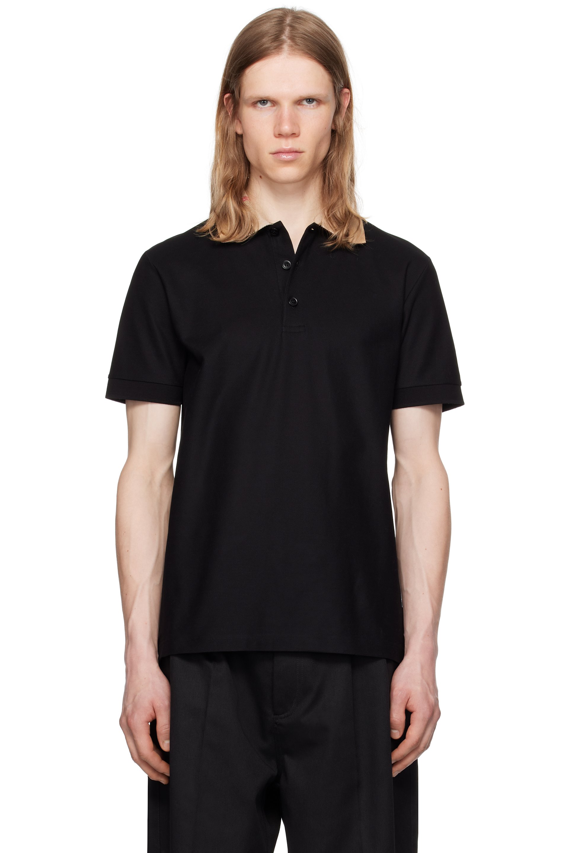 Burberry - Black Check Collar Cotton Polo