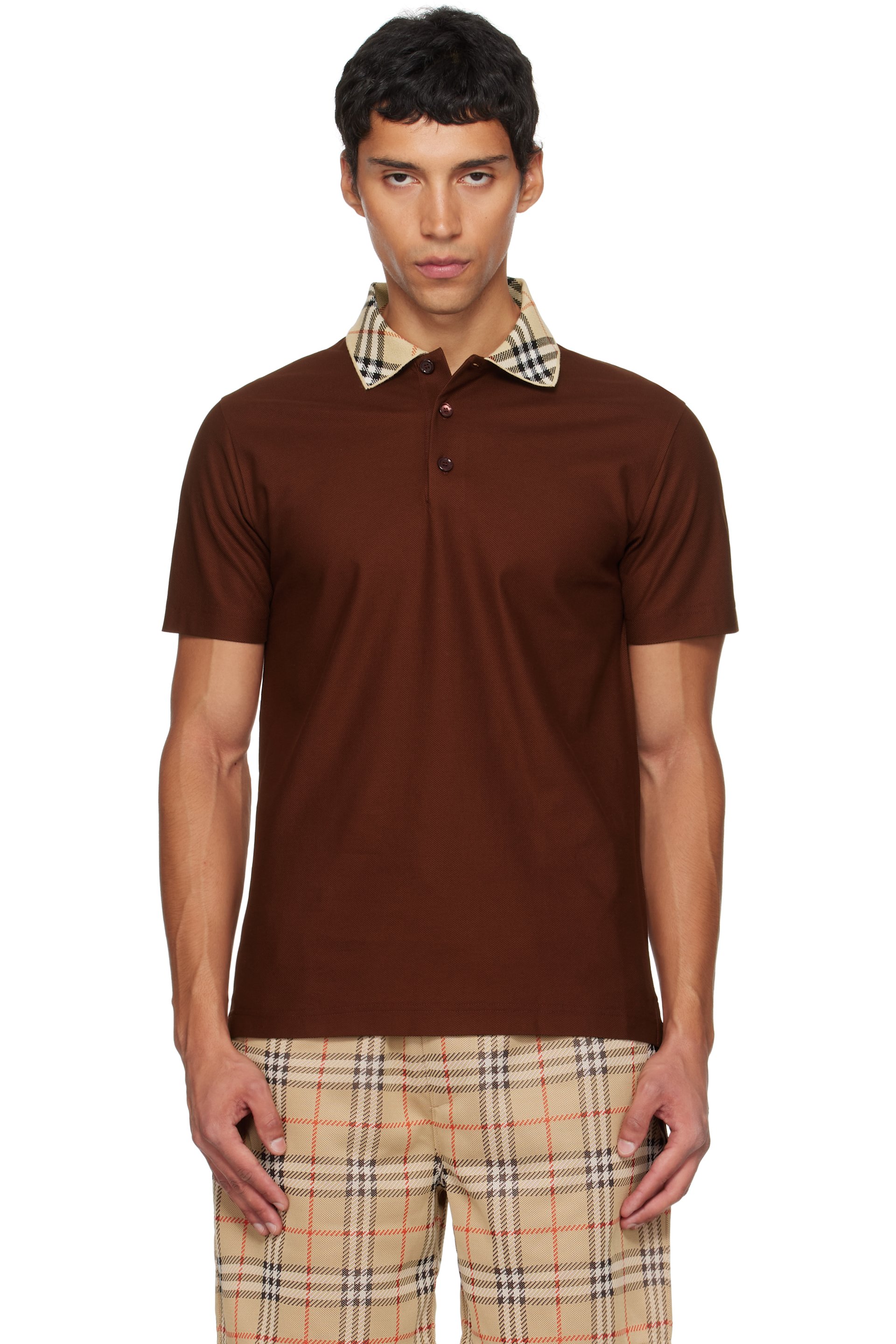Burberry - Burgundy Check Collar Cotton Polo