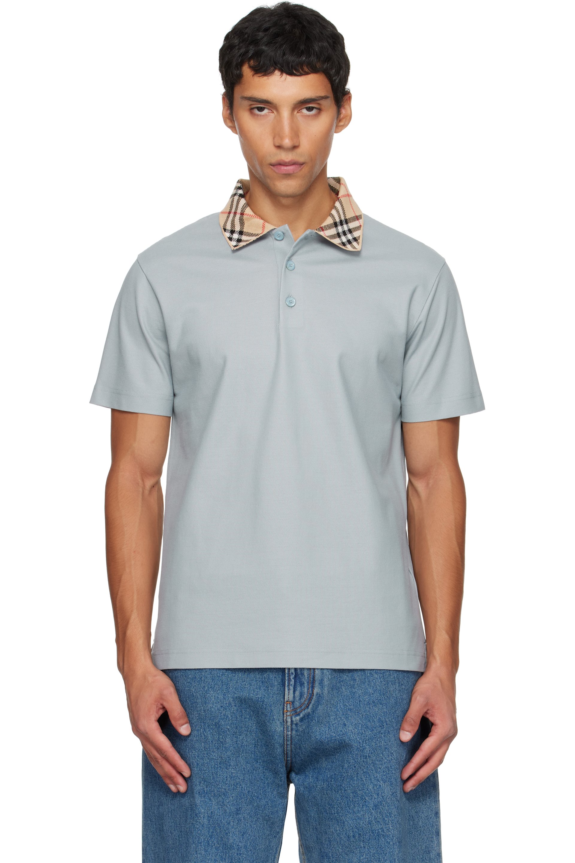 Burberry - Blue Check Collar Cotton Polo