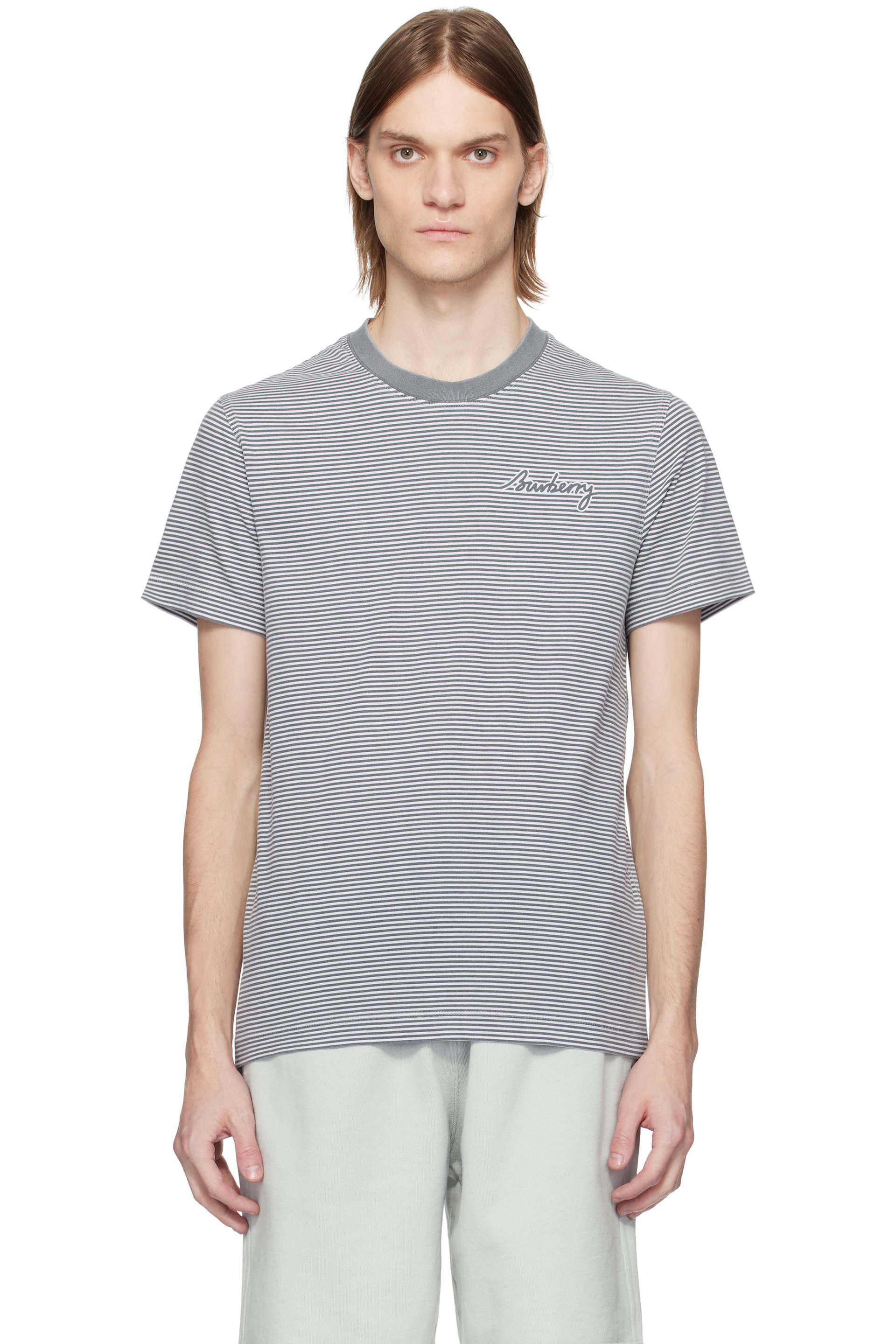 Burberry - White & Gray Striped Cotton T-shirt