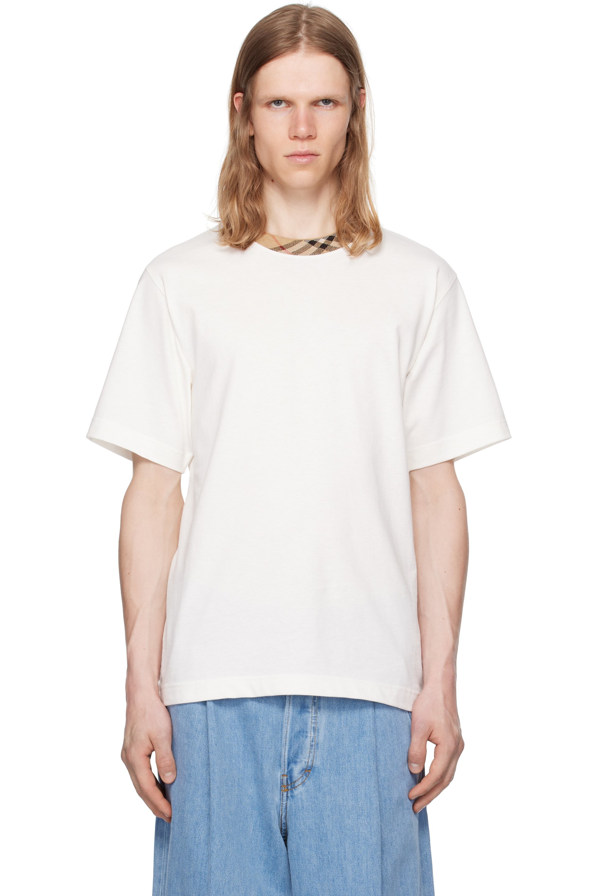Burberry - Off-White Check Trim Cotton T-shirt