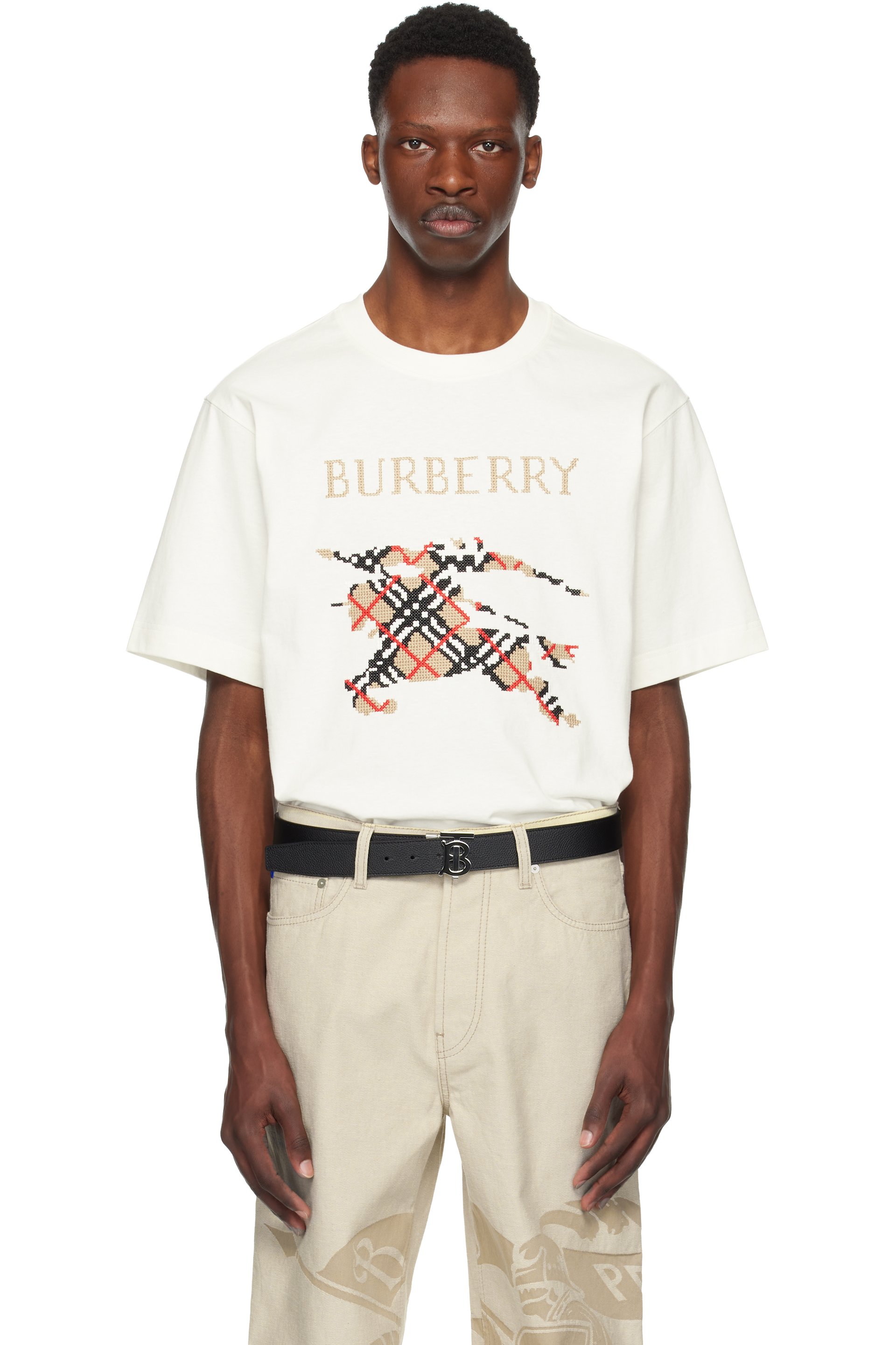 Burberry - Off-White Cross Stitch EKD​ Cotton T-shirt