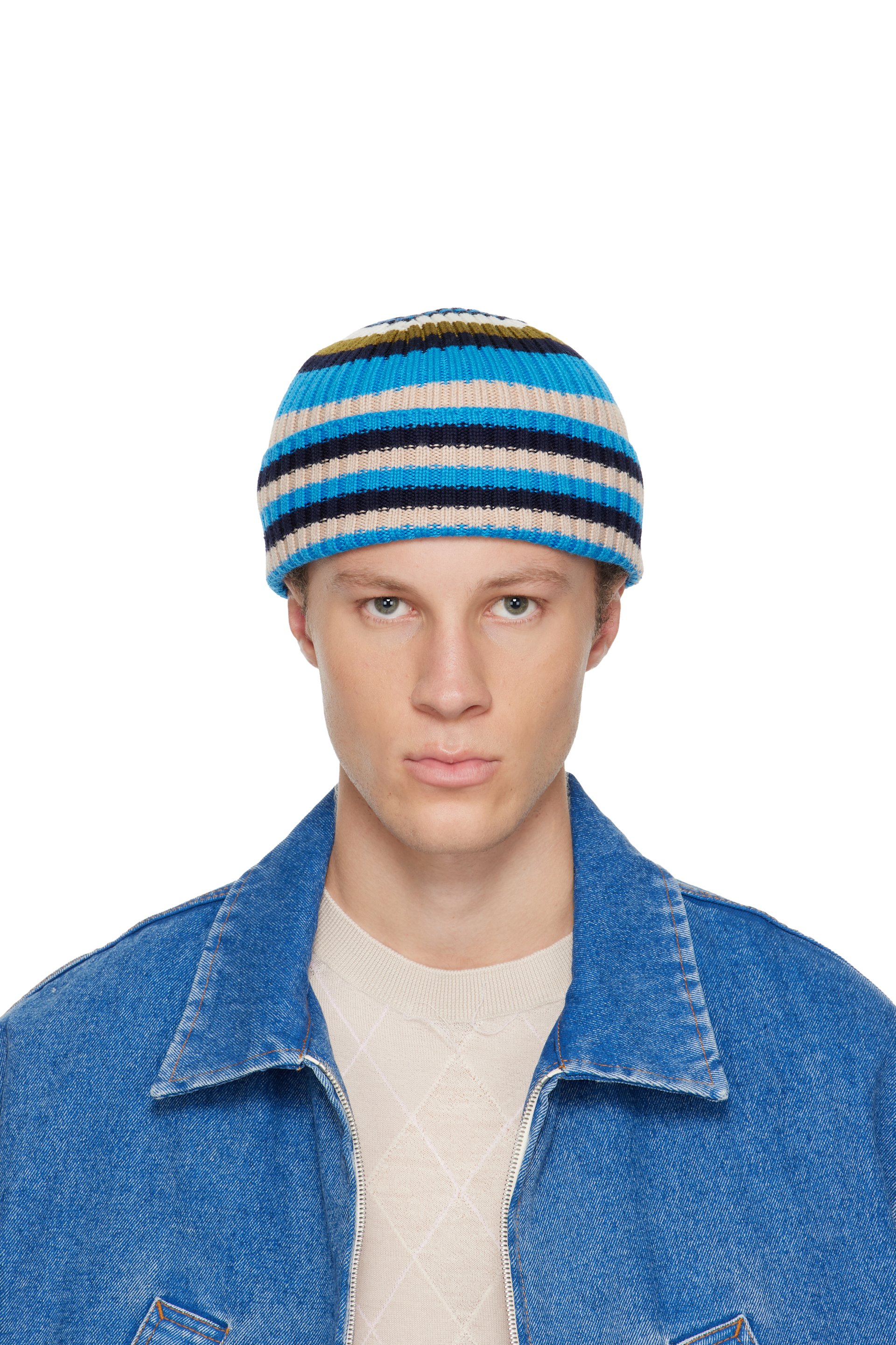 Marni - Blue Striped Ribbed Beanie