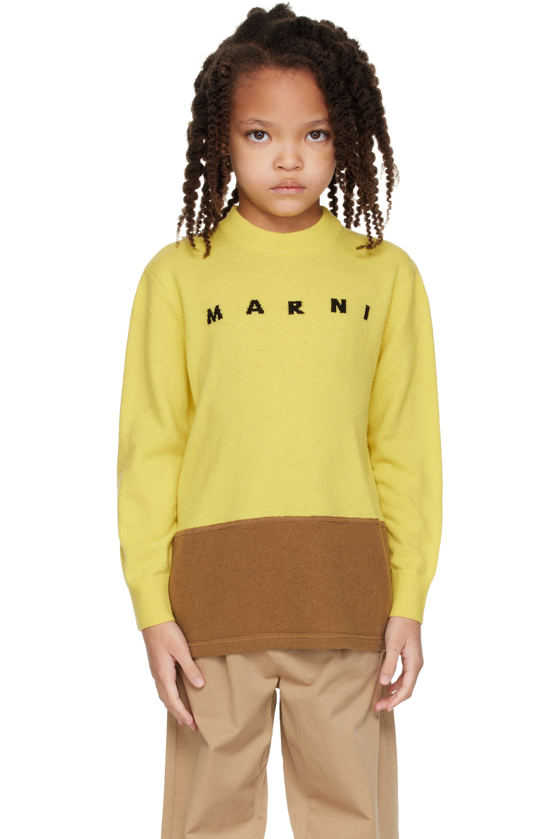 Marni - 黄色 & 棕色 Intarsia Logo 儿童毛衣