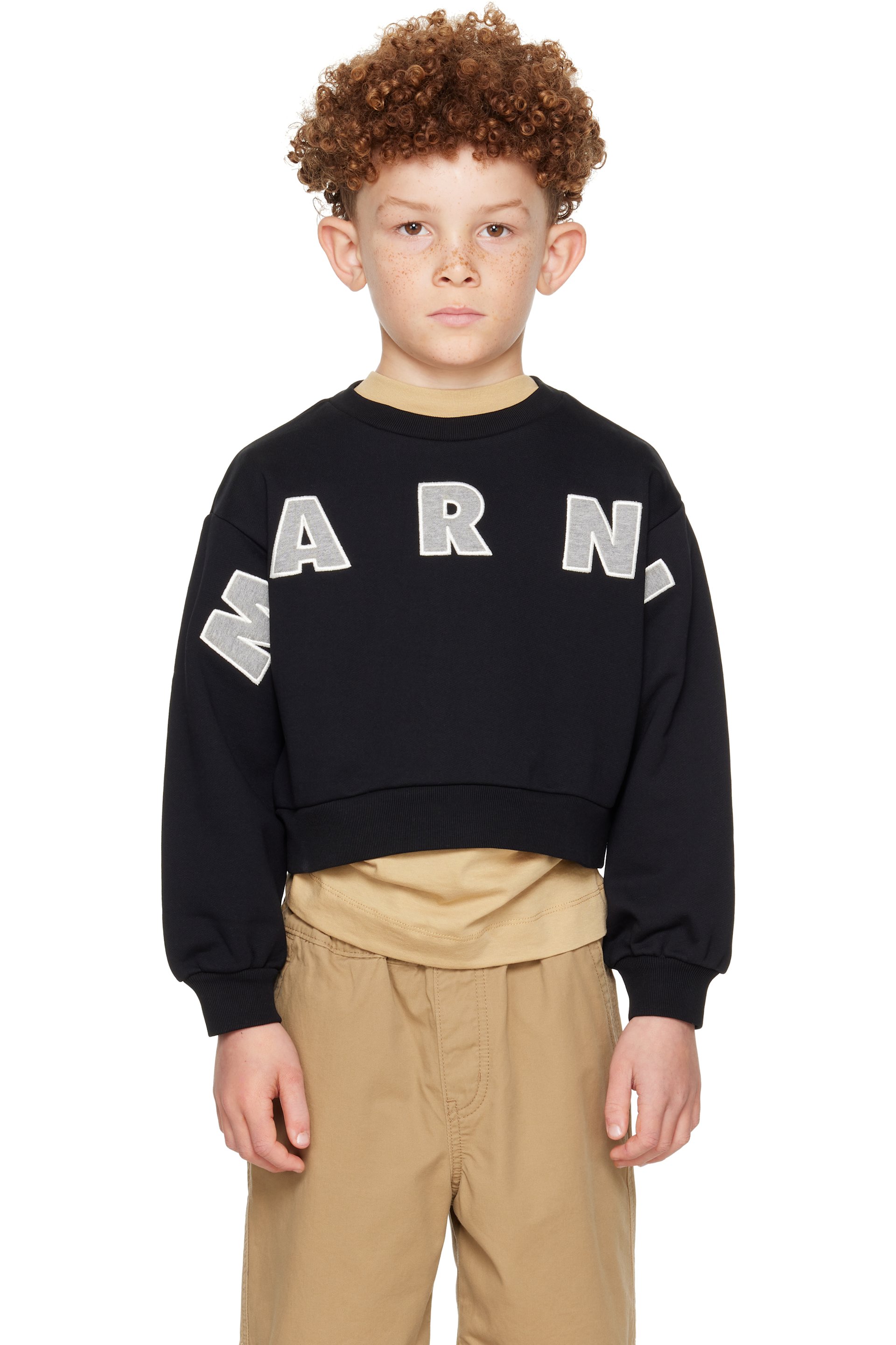 Marni - 黑色 Cotton Cropped Embroidered Logo 儿童套头衫