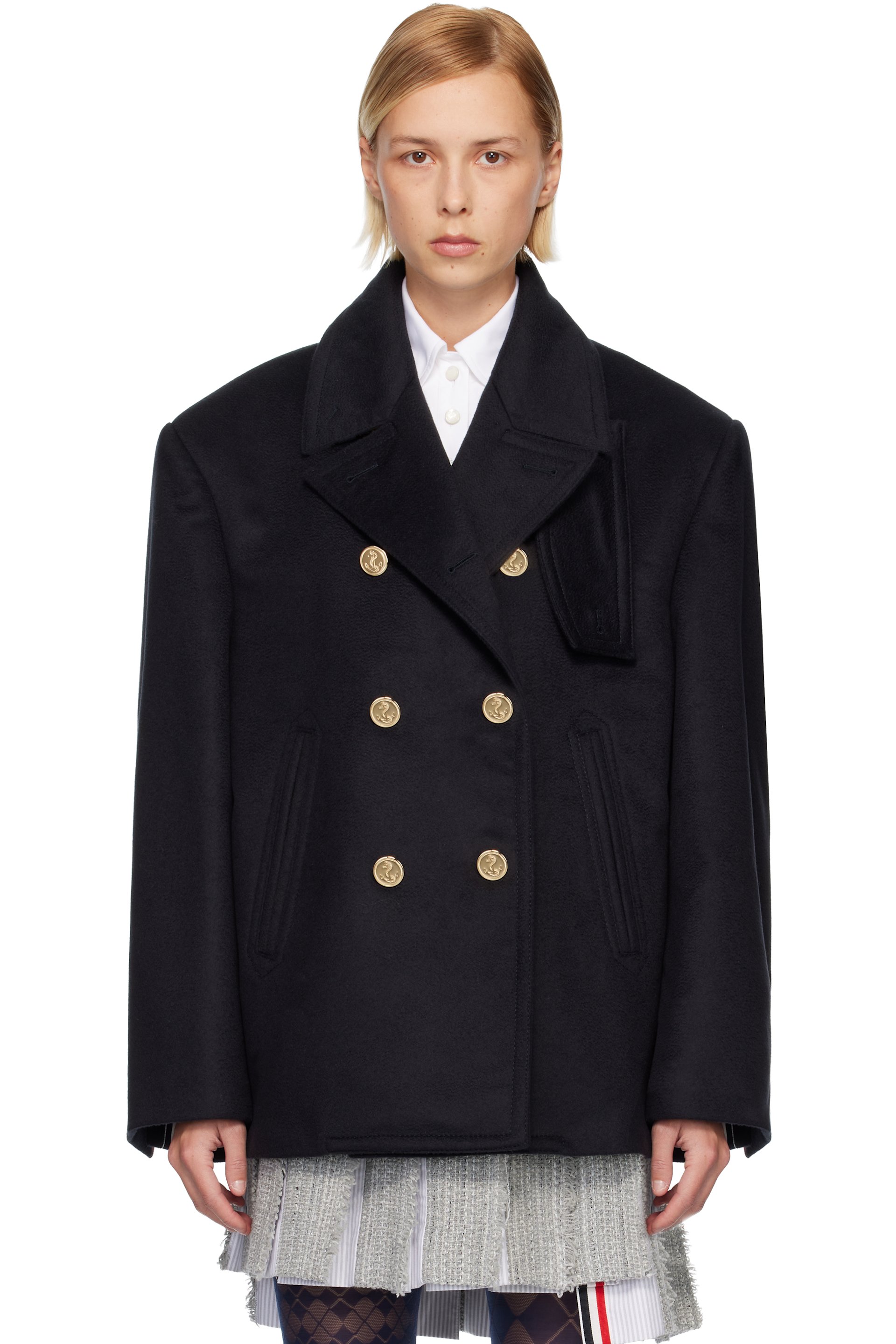 Thom Browne - Navy Ziberline Finish Cashmere Oversized Pea Coat