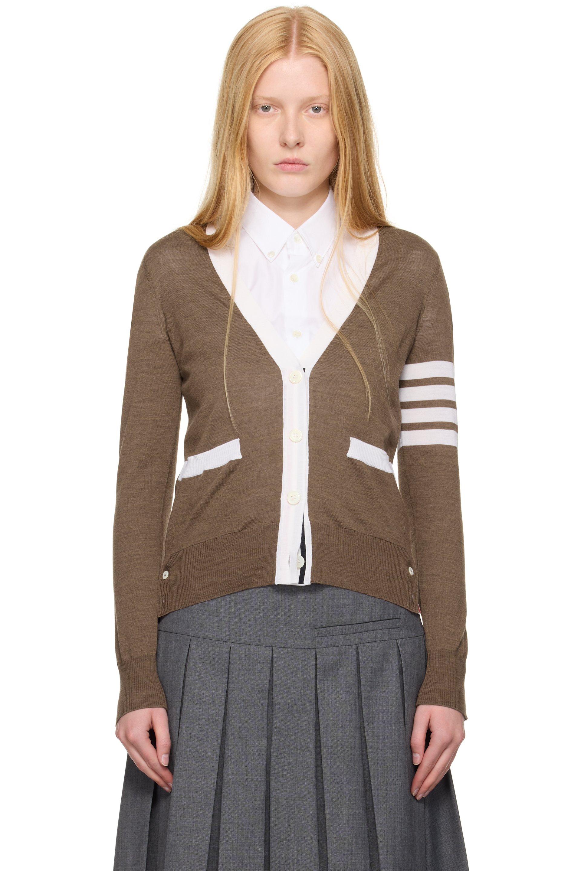 Thom Browne - Cardigan décontracté brun en laine à quatre rayures