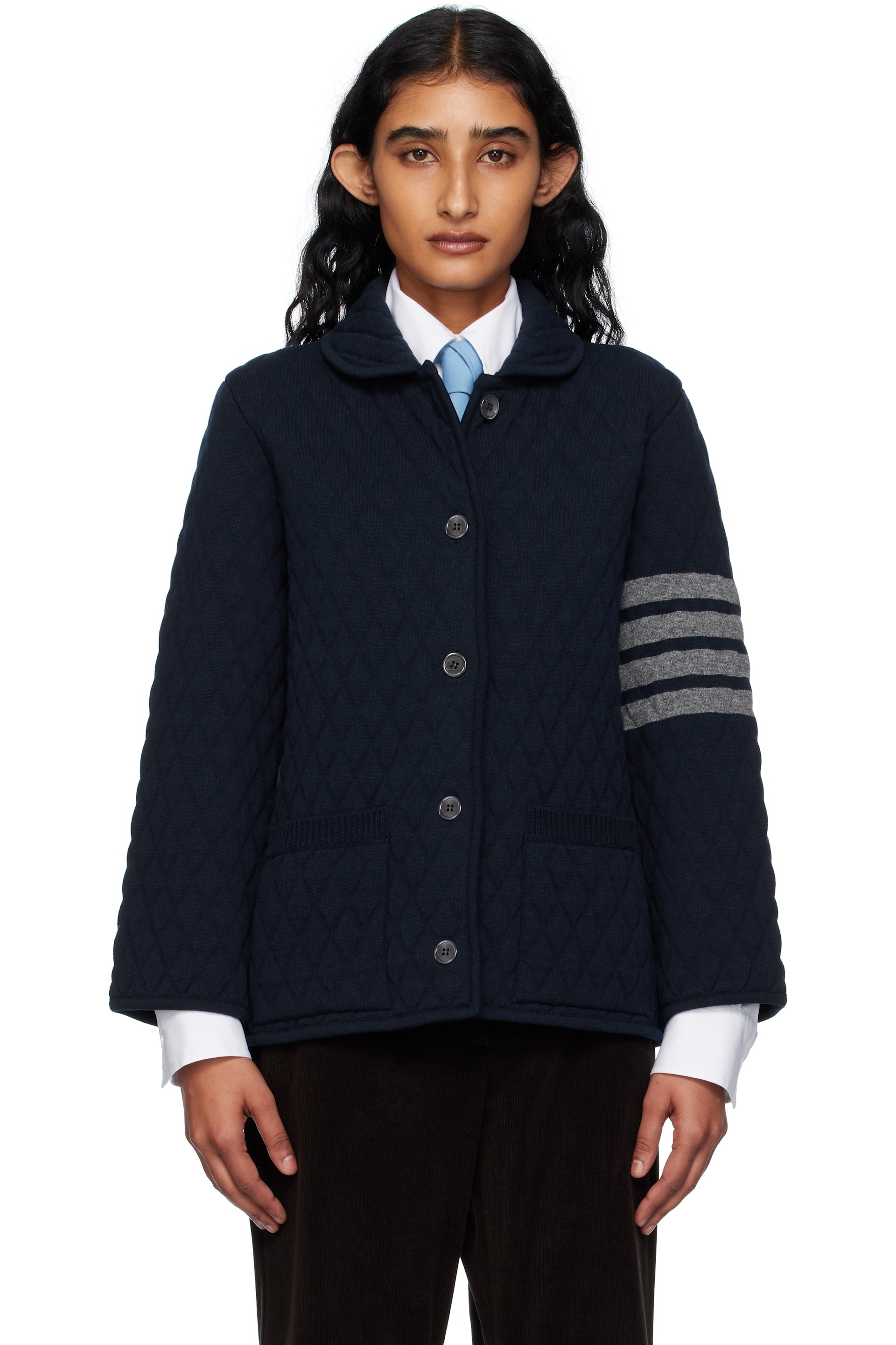 Thom Browne - Blouson de travail matelassé bleu marine en tricot de laine à quatre rayures