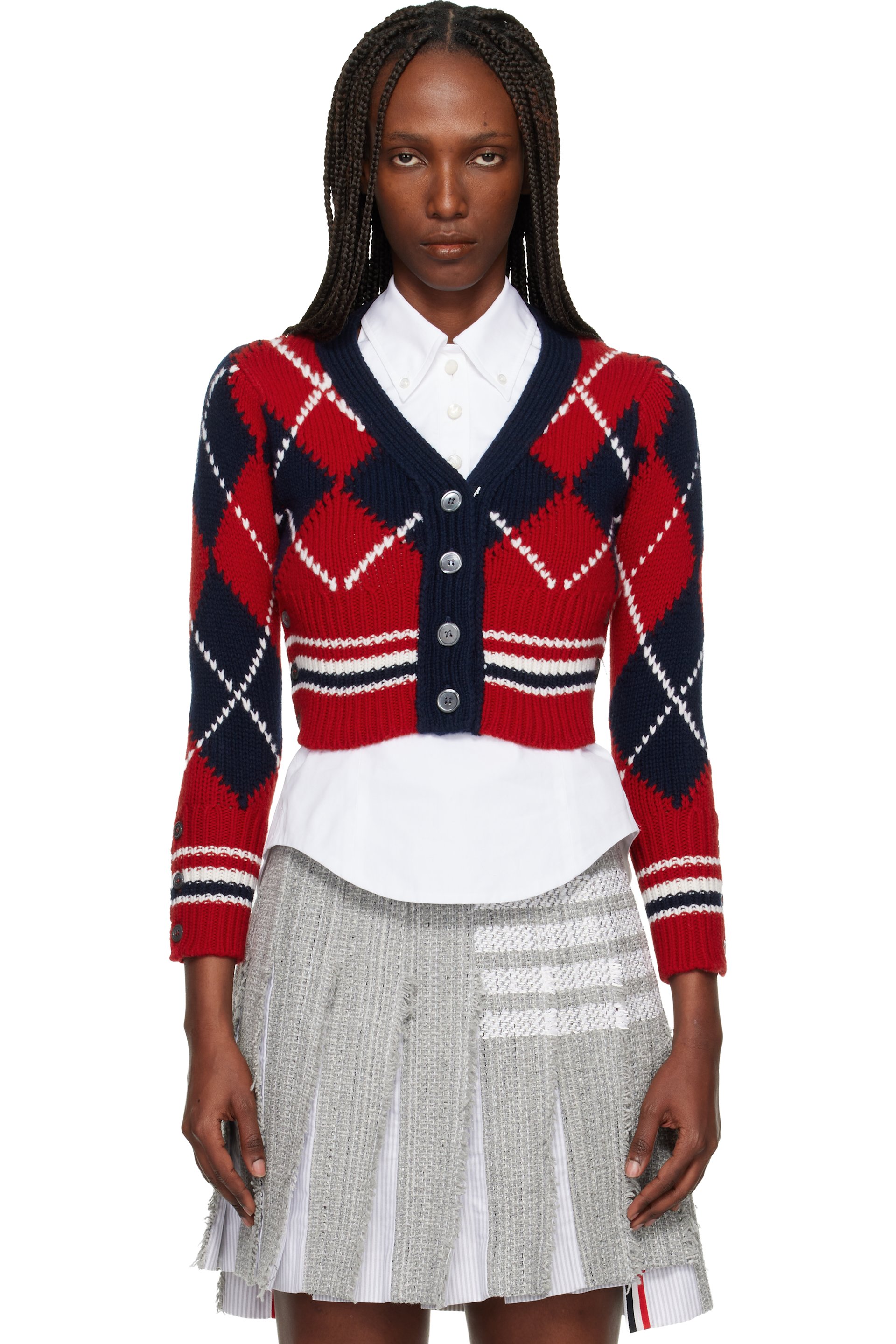 Thom Browne - Cardigan rétréci rouge en laine mérinos à motif argyle