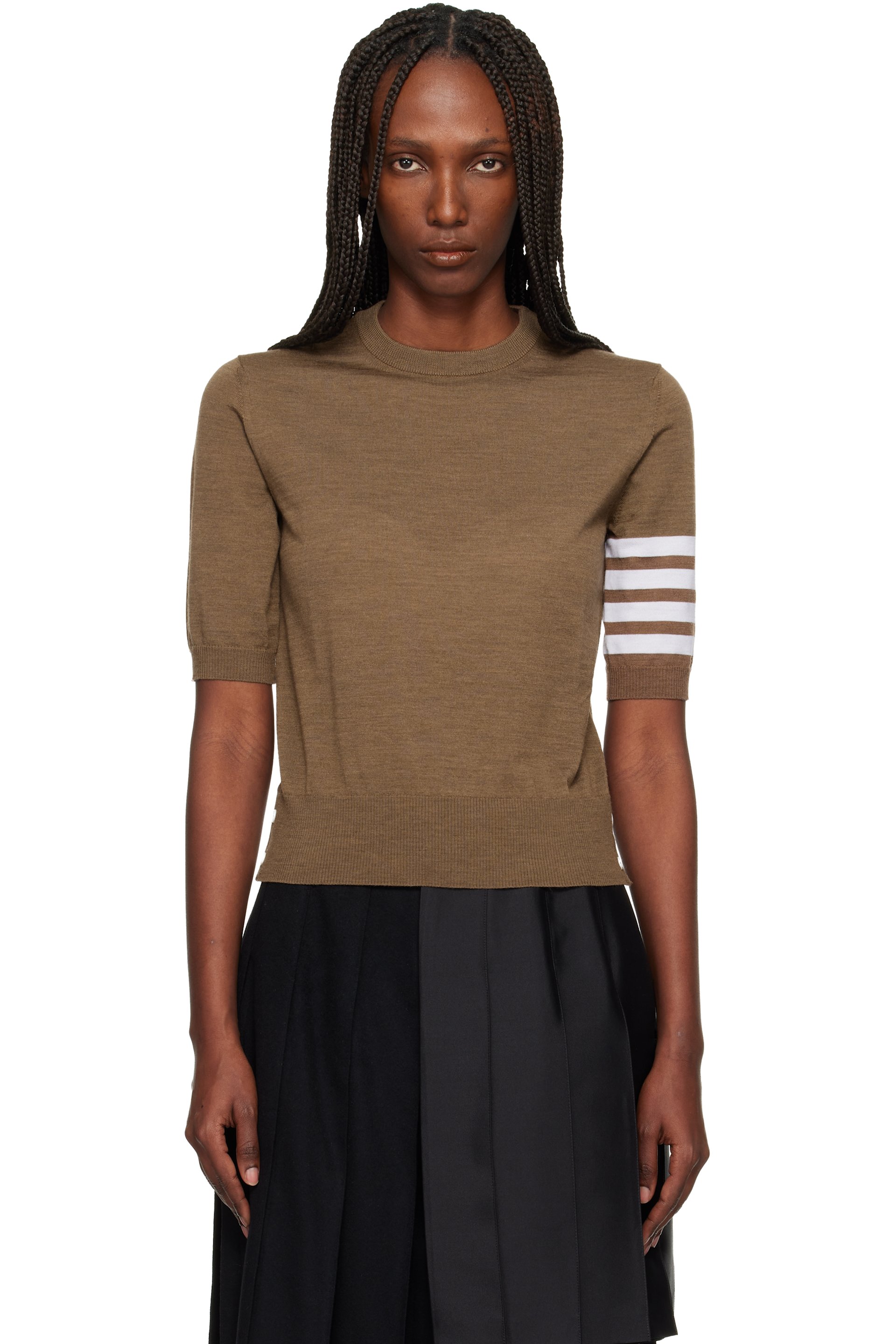Thom Browne - Pull brun en laine mérinos fine à quatre rayures