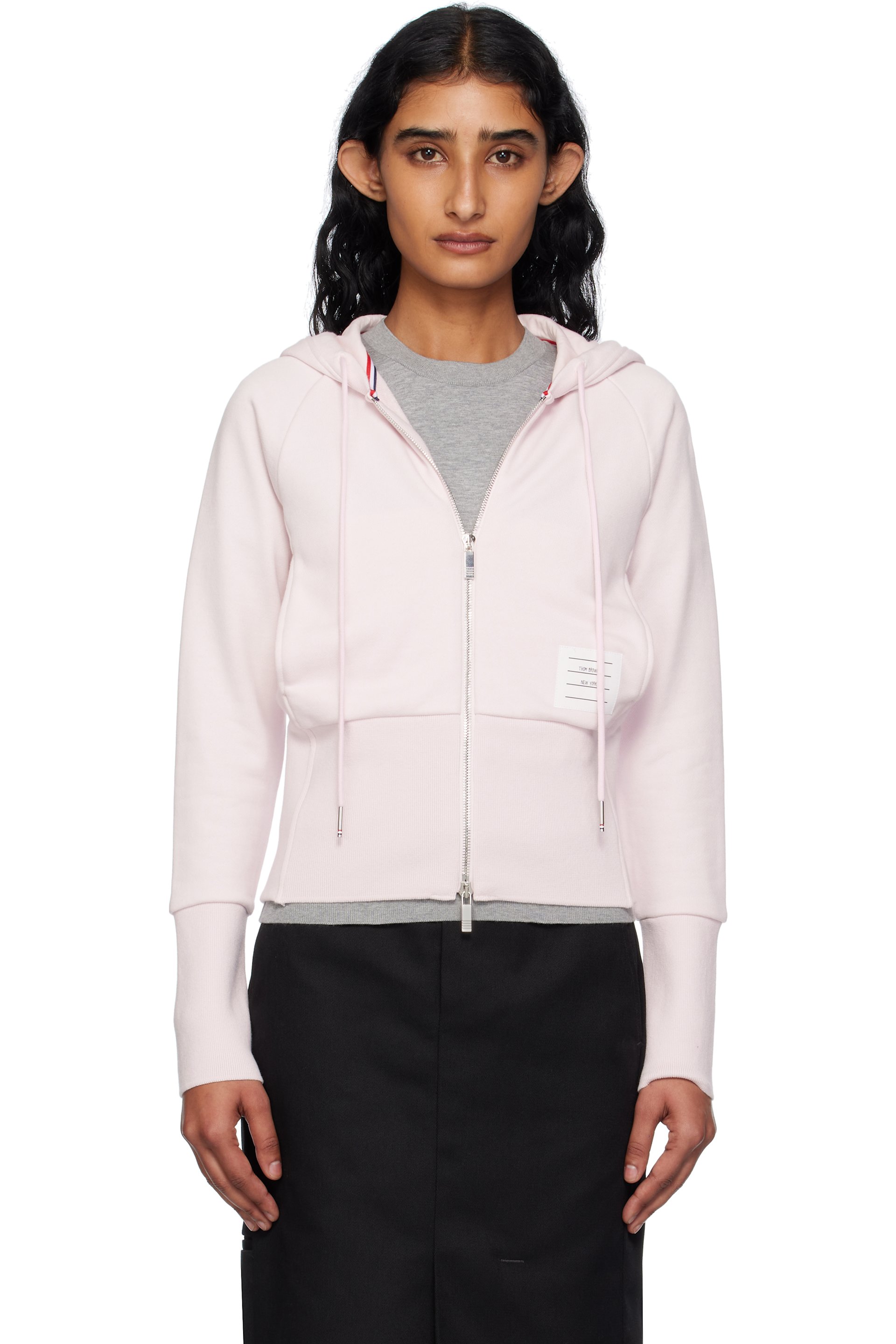 Thom Browne - Pull à capuche rose en jersey bouclette à glissière et à quatre rayures