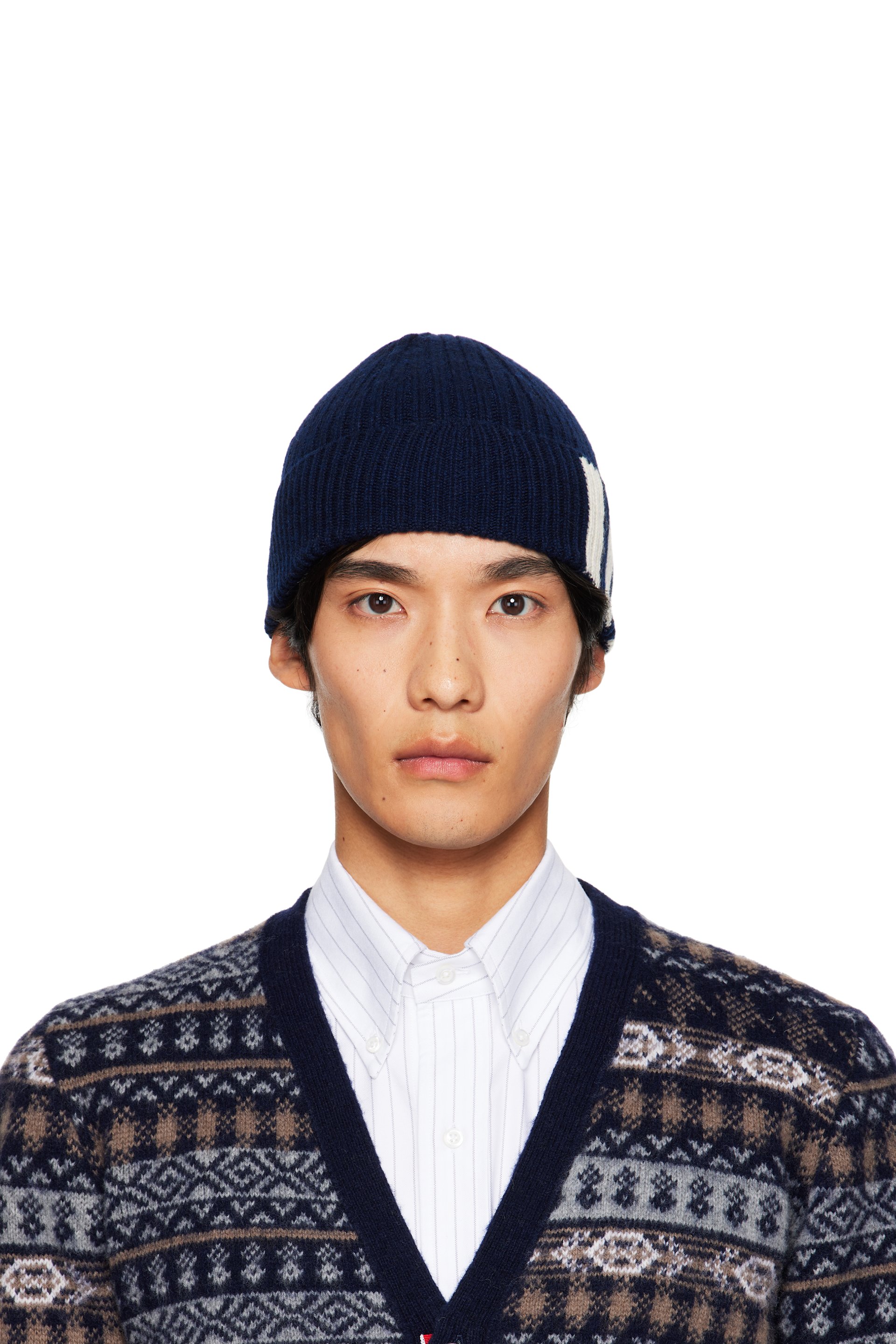 Thom Browne - Navy Cashmere 4-Bar Cuff Beanie