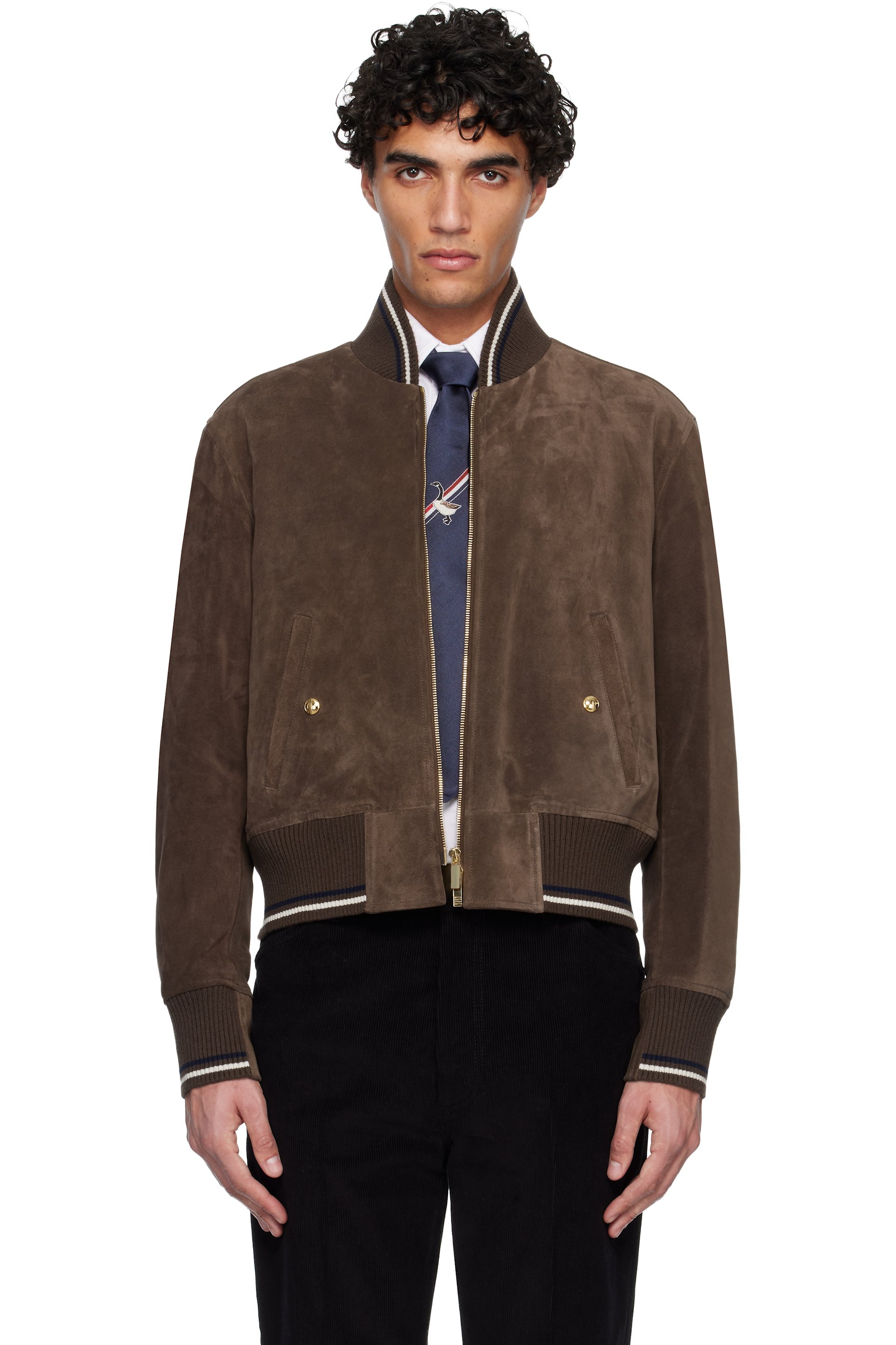 Thom Browne - Brown Knit Rib Blouson Suede Jacket