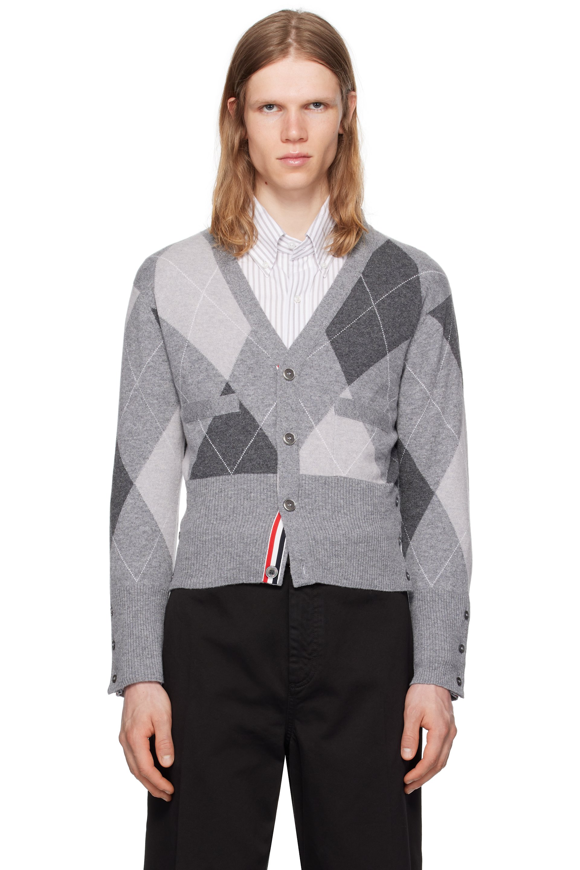 Thom Browne - Gray Argyle Intarsia Cashmere V Neck Cardigan