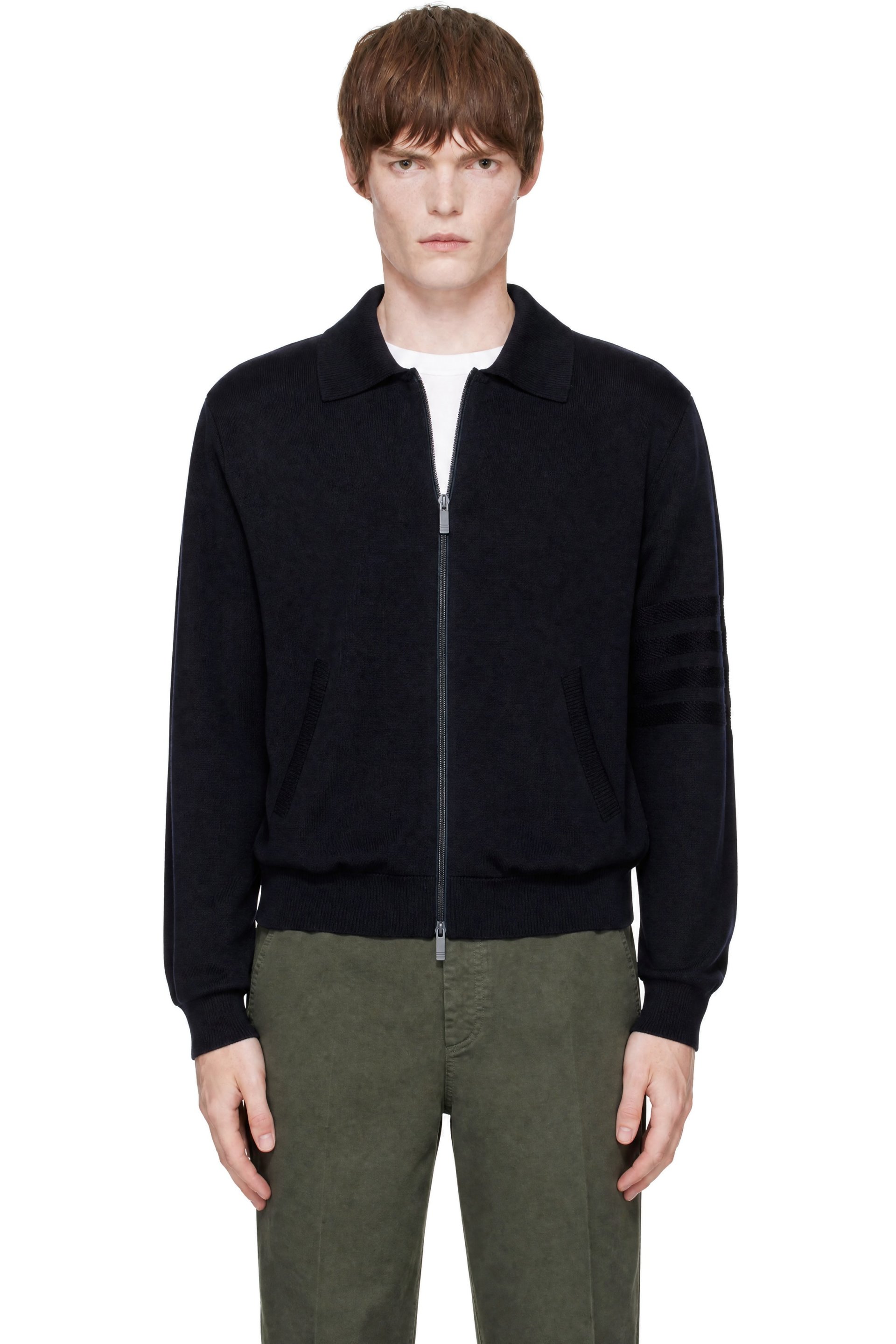 Thom Browne - Cardigan bleu marine en laine et lin à quatre rayures et à glissière