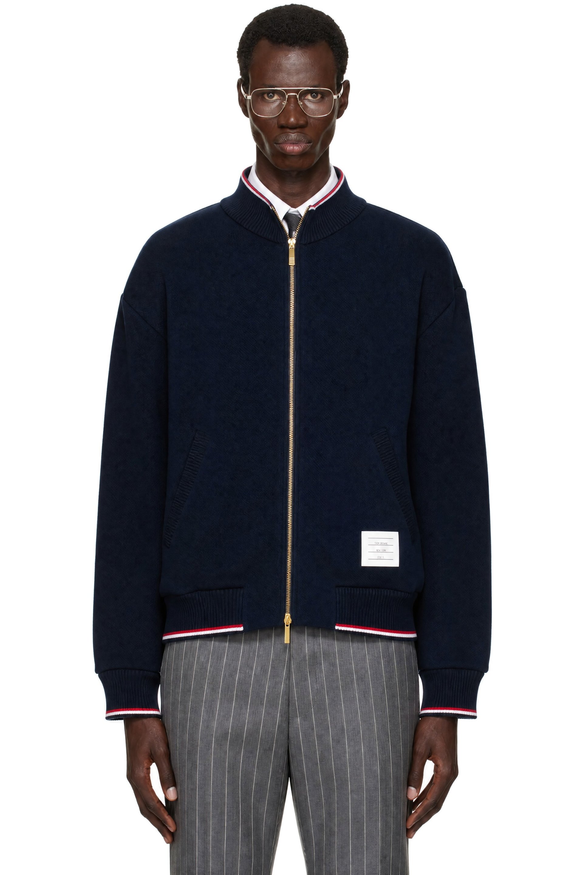 Thom Browne - Blouson bleu marine à glissière et à rayures tricolores