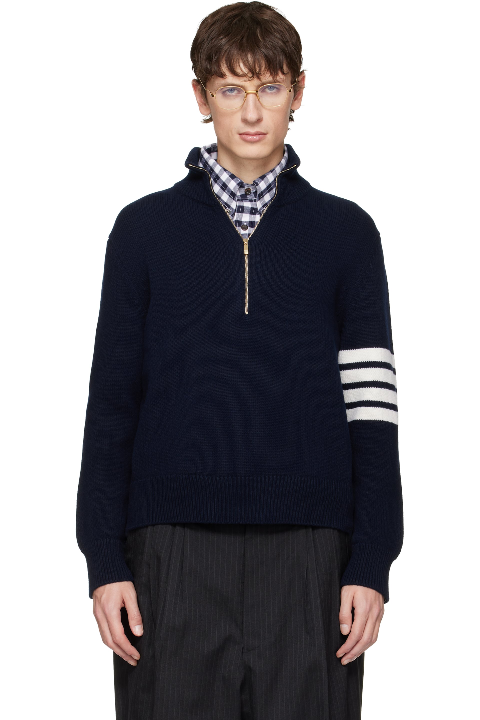 Thom Browne - Navy Merino Wool 4-Bar Funnel Neck Sweater