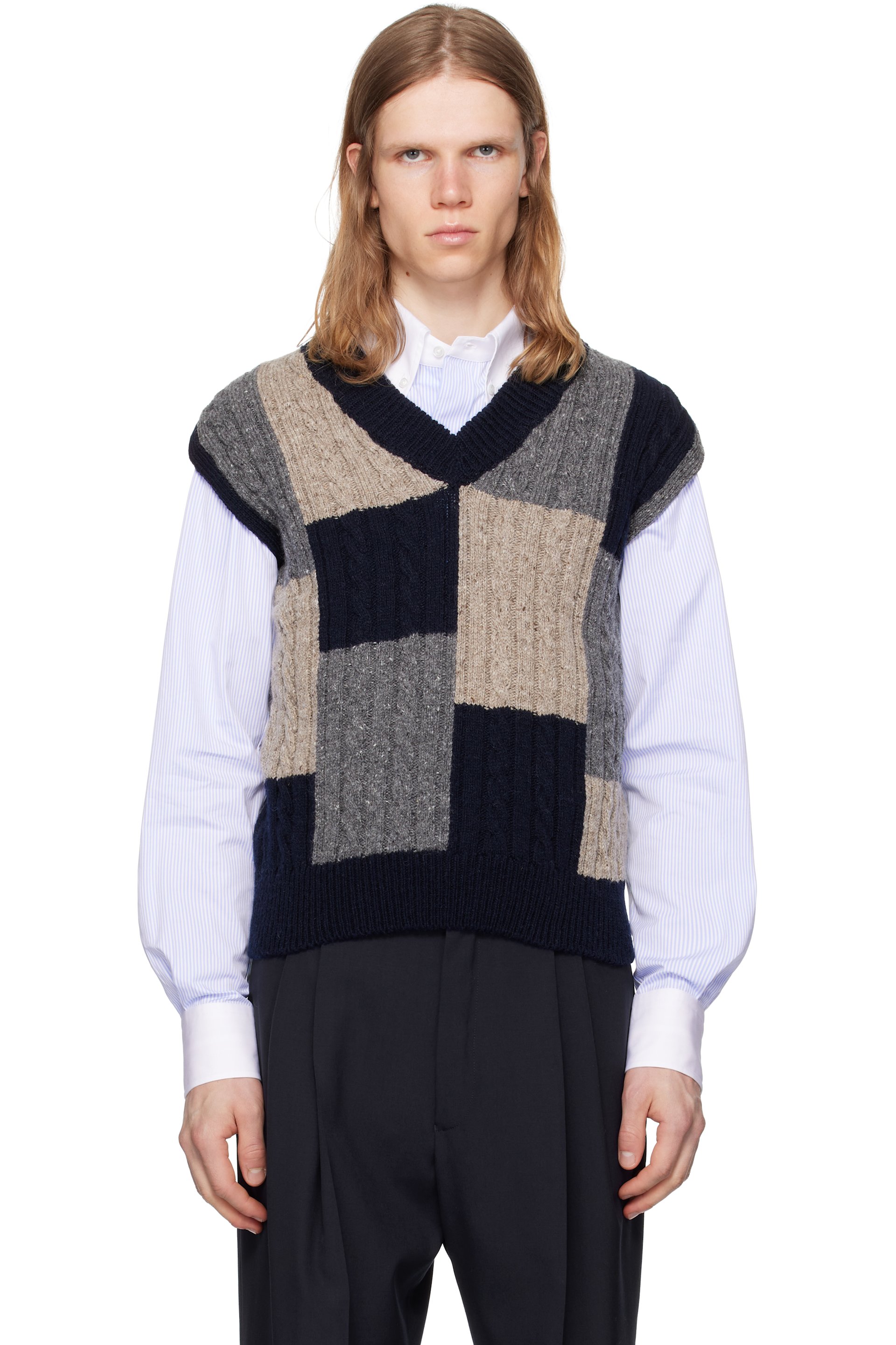 Thom Browne - Multicolor Patchwork Baby Cable Intarsia V Neck Vest