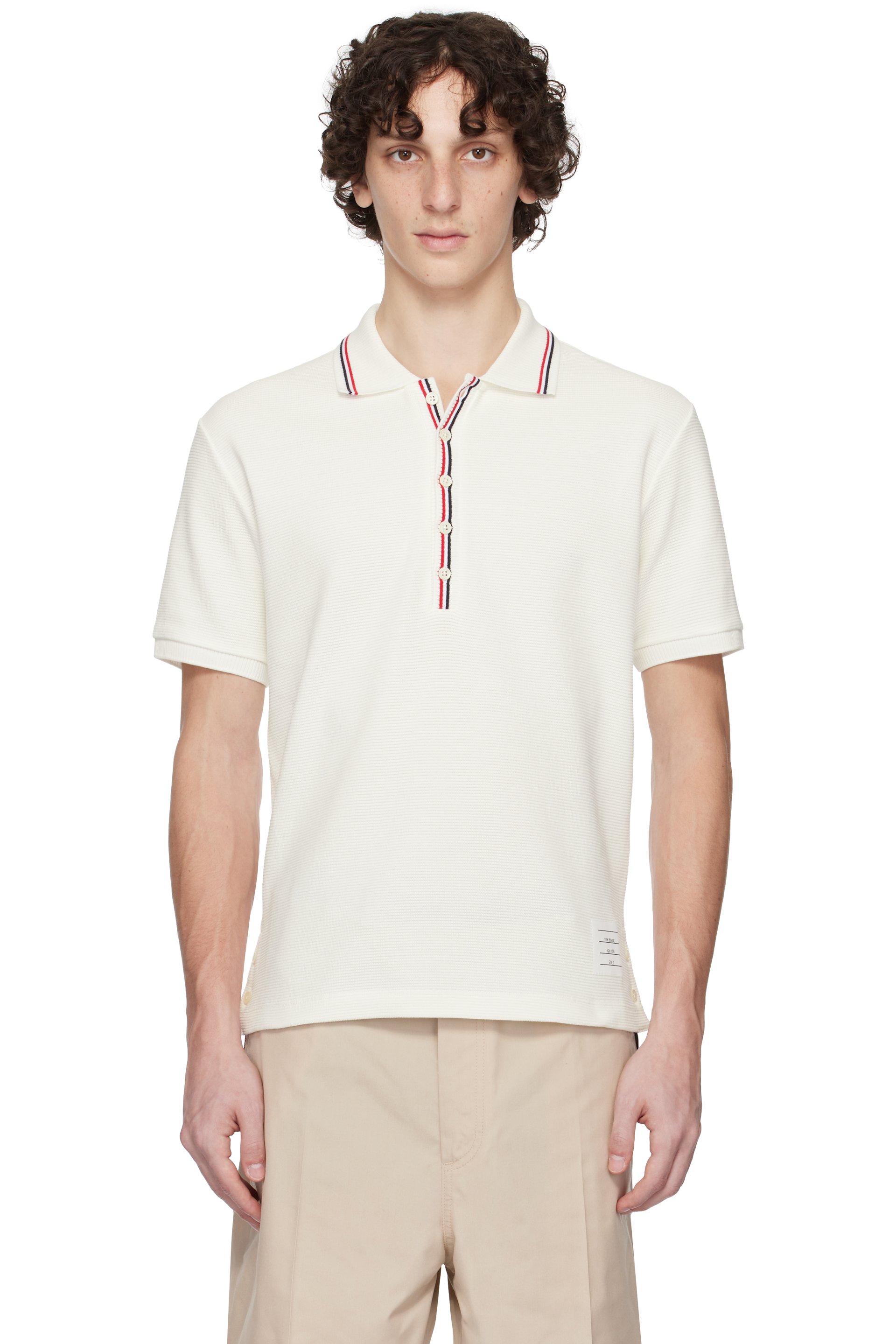 Thom Browne - Polo blanc cassé en tricot gaufré de coton à revers côtelés