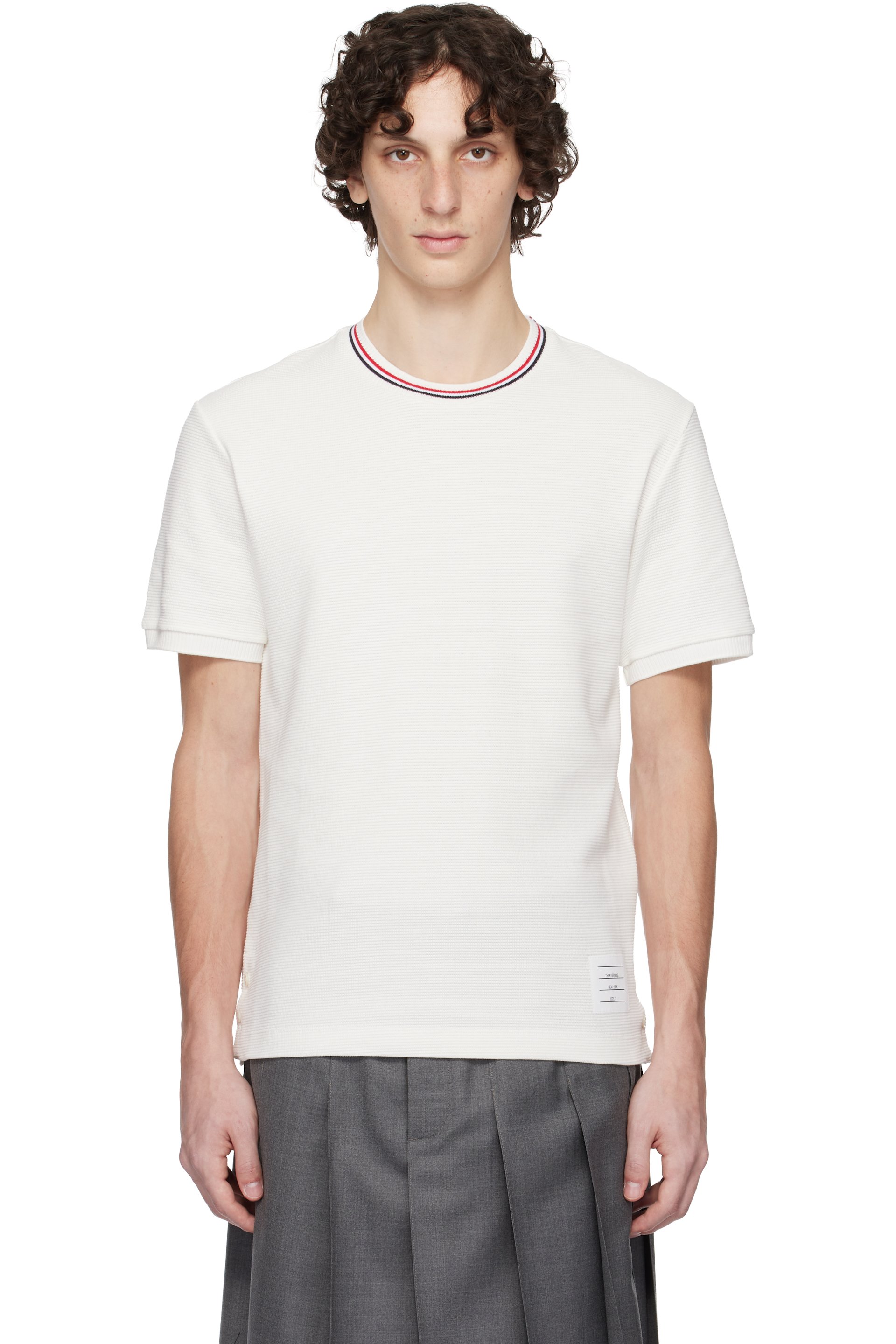 Thom Browne - T-shirt blanc cassé en tricot gaufré de coton à revers côtelés