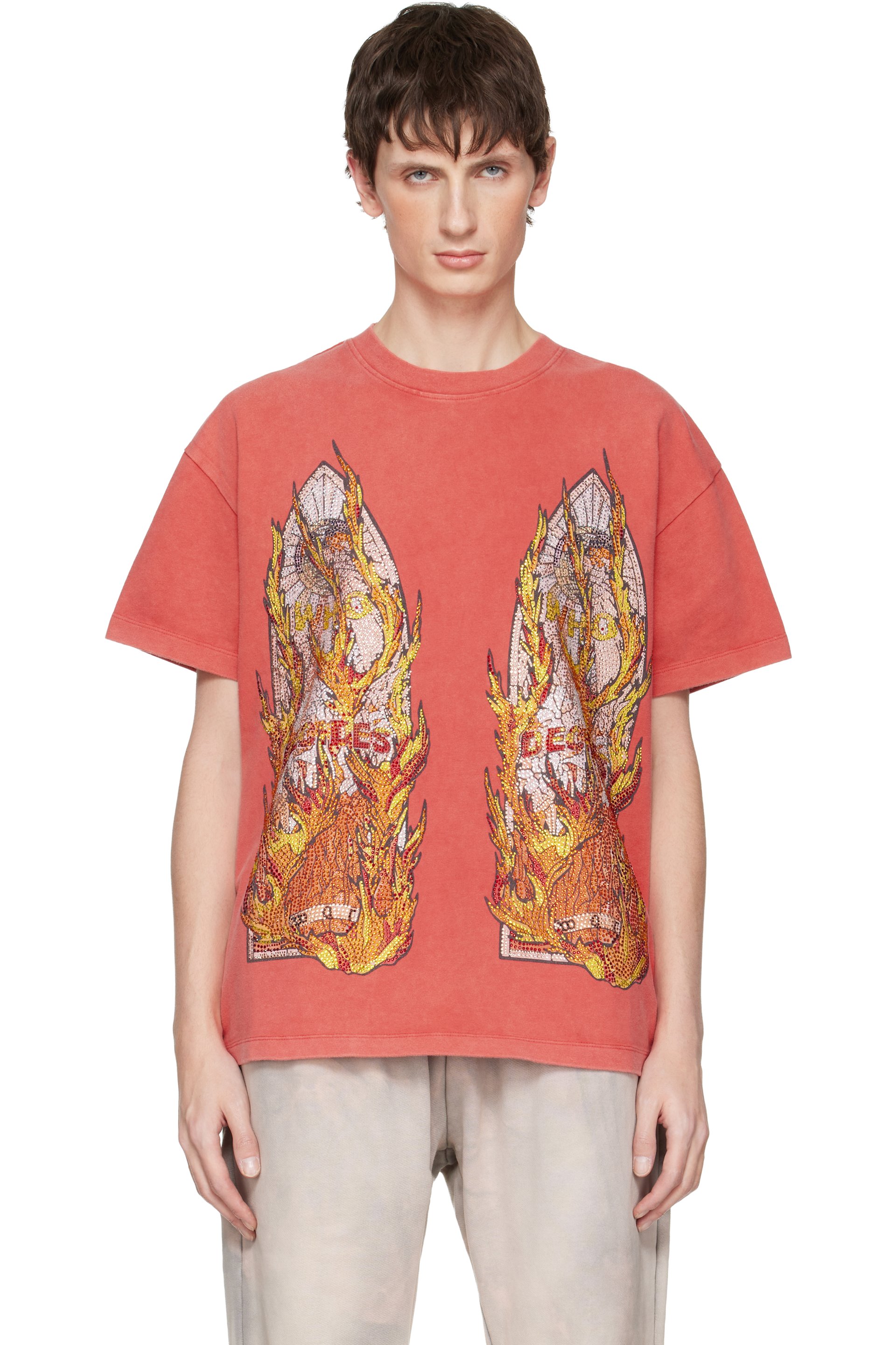 Who Decides War - レッド Rhinestone Flame Glass Tシャツ