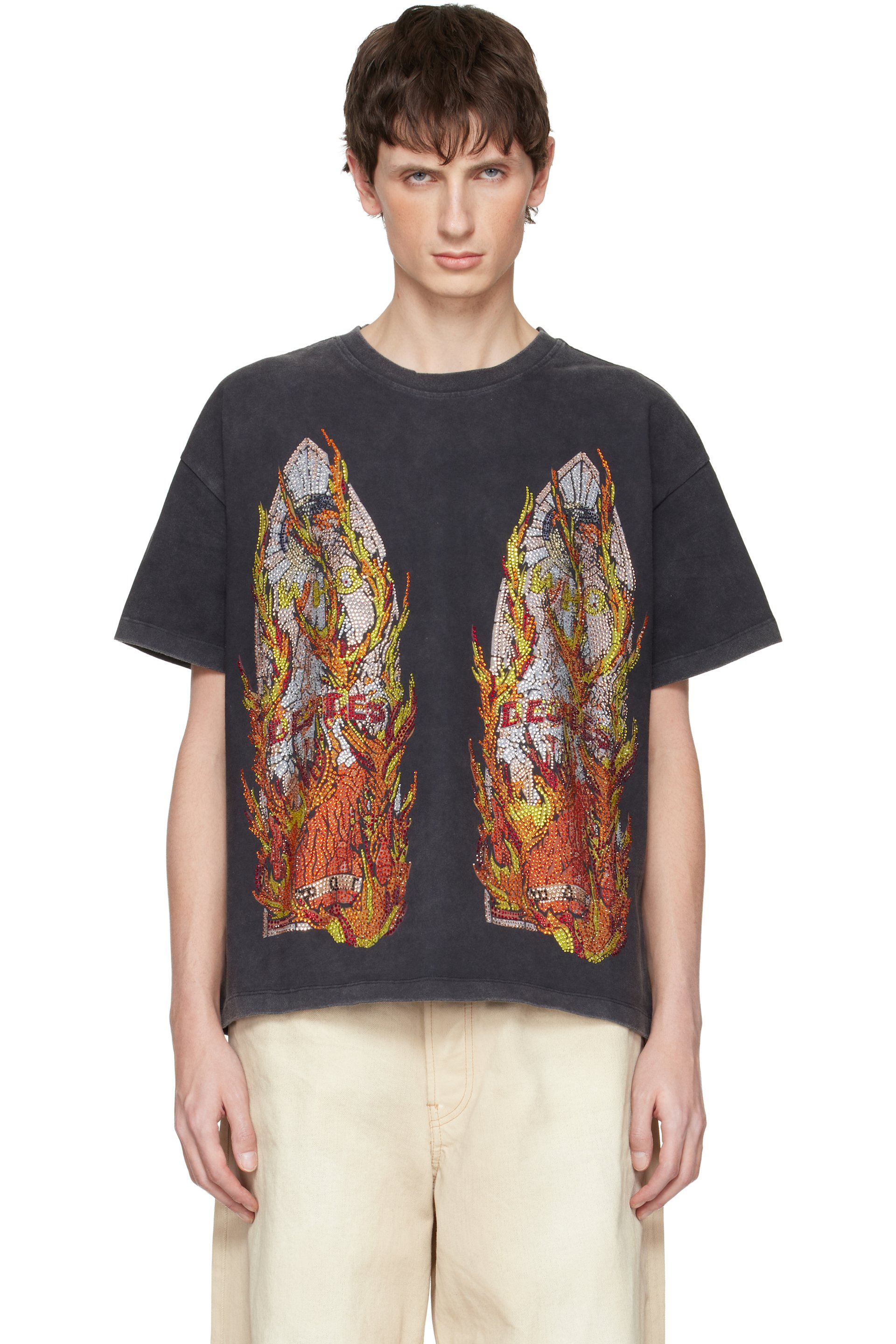 Who Decides War - ブラック Rhinestone Flame Glass Tシャツ
