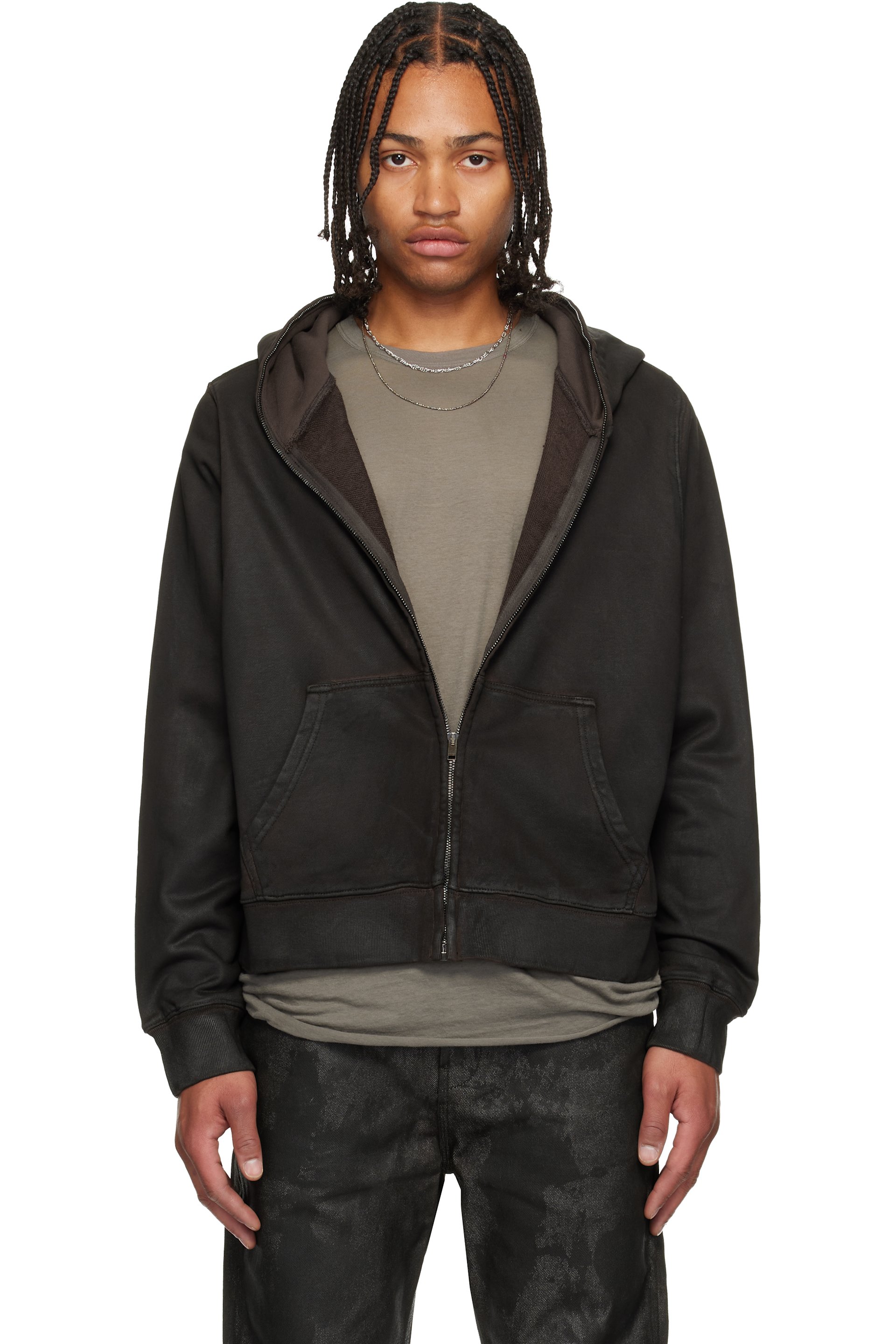 DET BLEV SENT - Brown Waxed Zip Hoodie