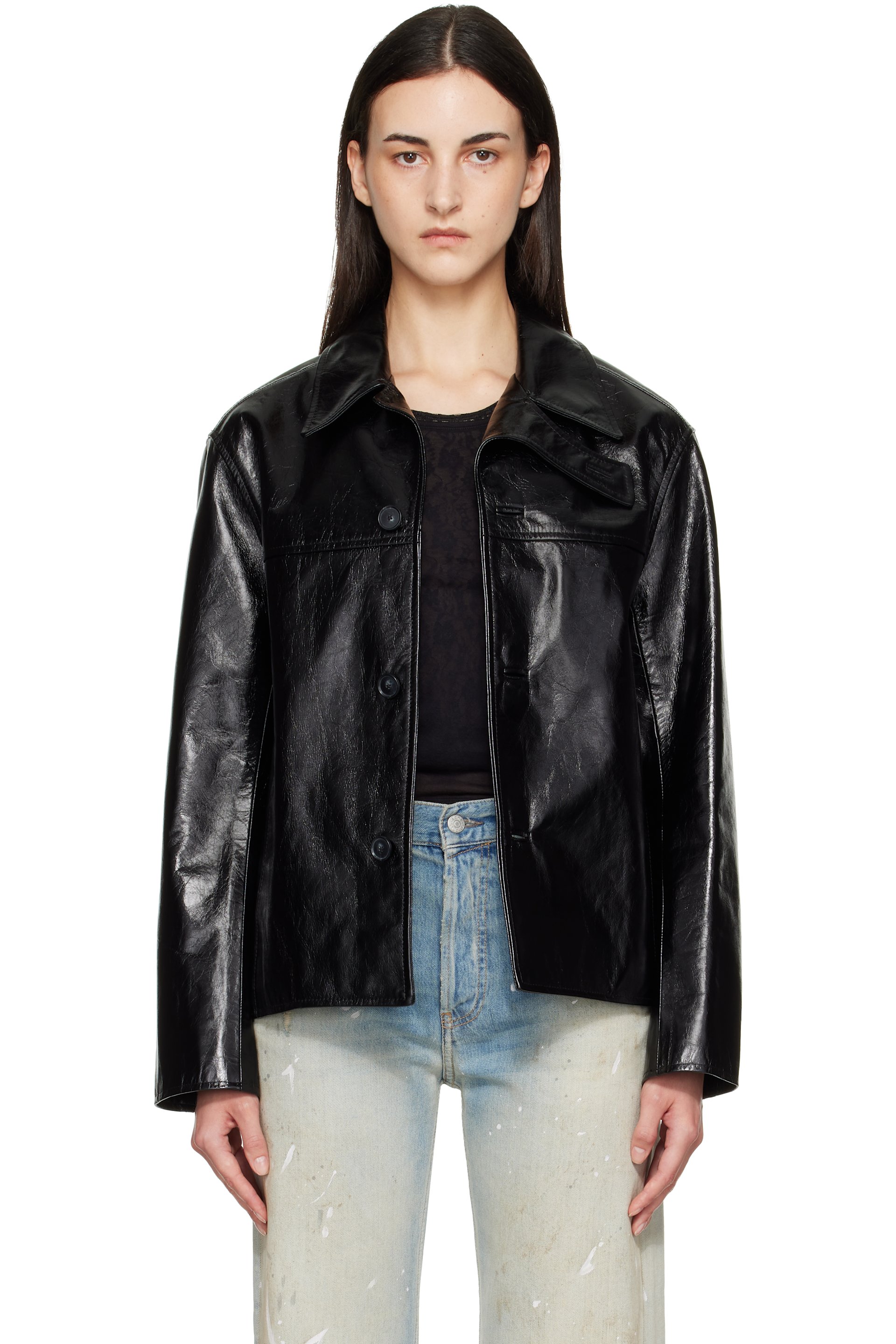 Commission - Black Curve Flap Leather Jacket