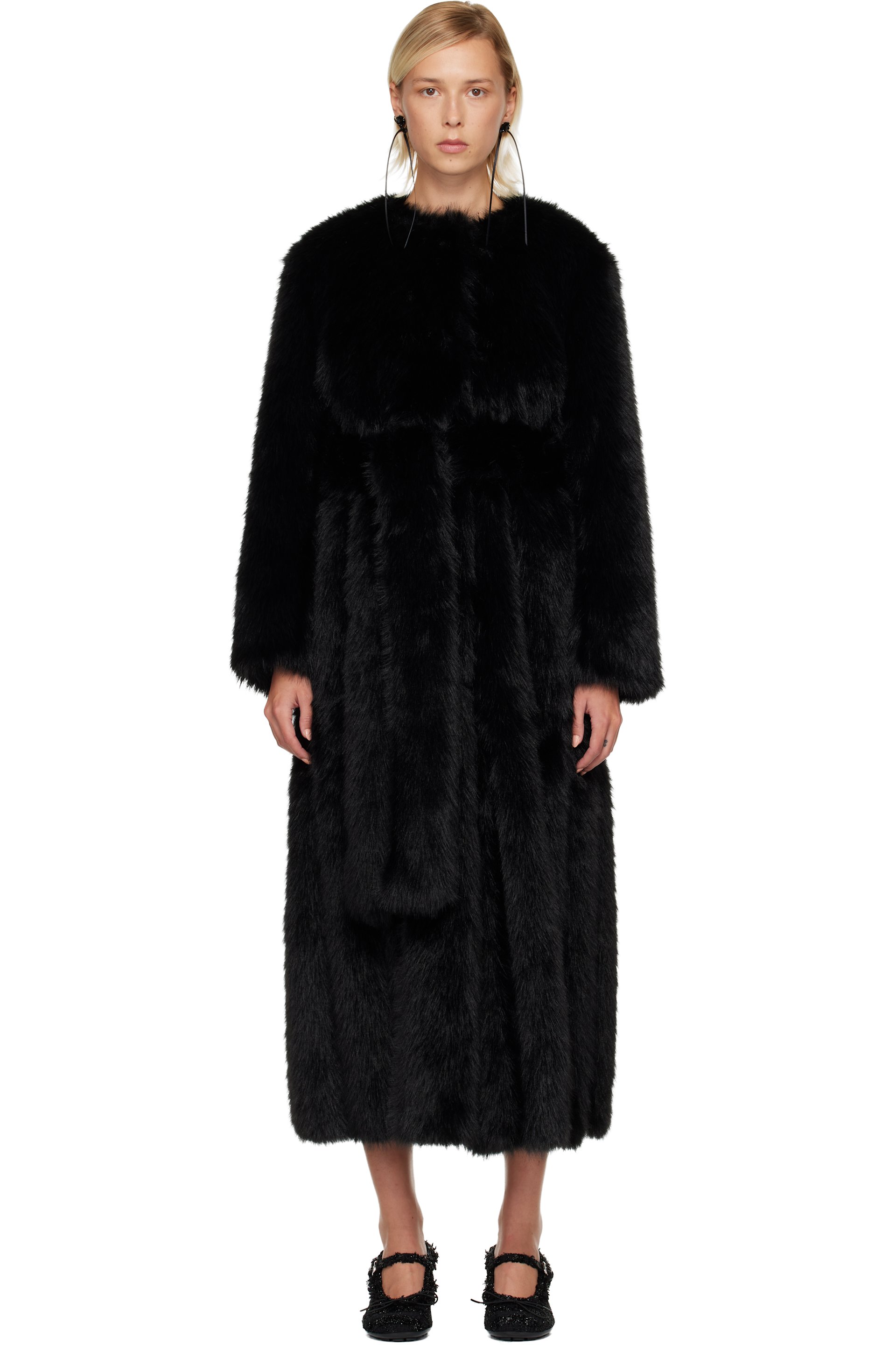 Simone Rocha - Manteau long noir en fourrure synthétique à ceinture et à fentes