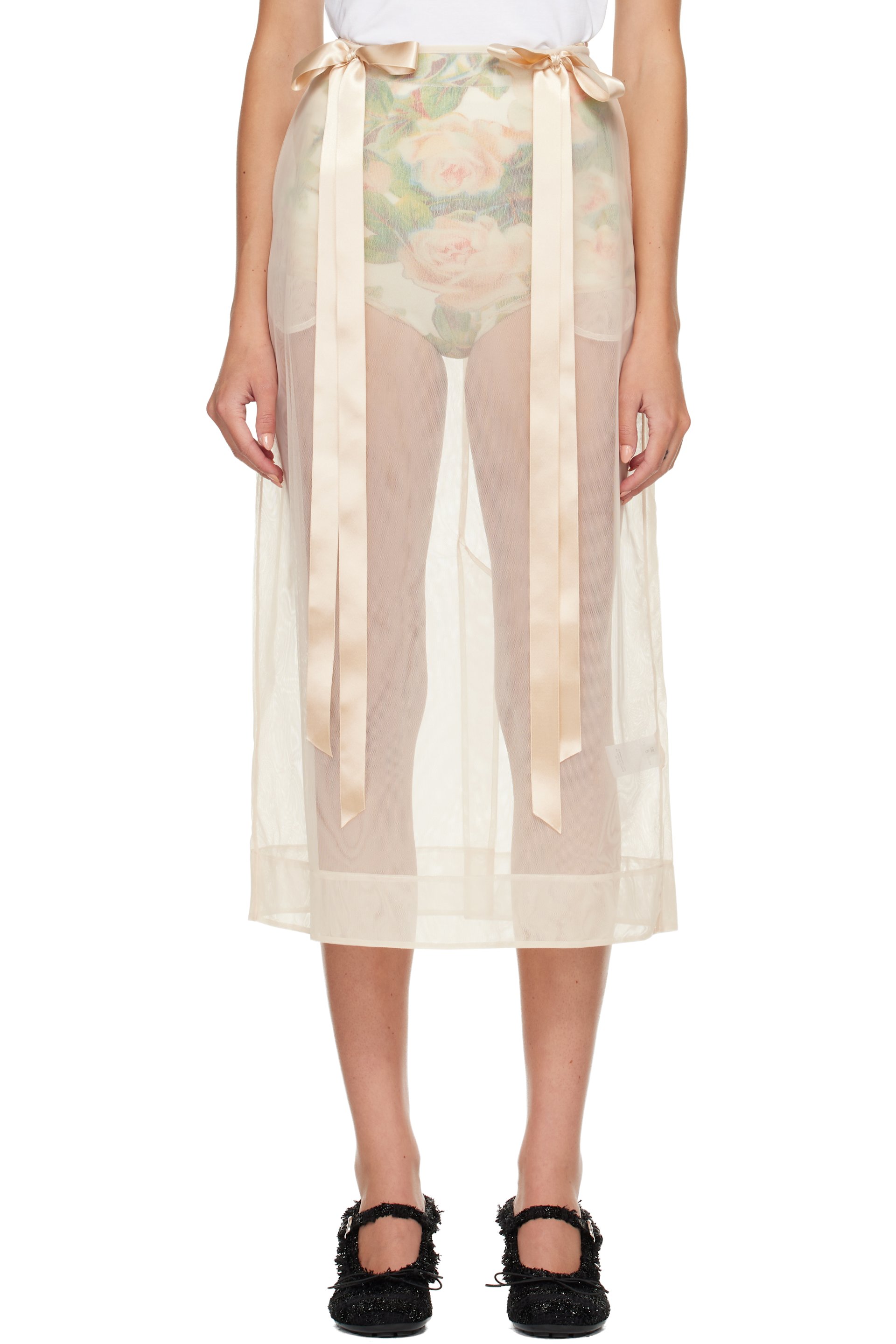 Simone Rocha - Beige Sheer Bow Ribbon Pencil Midi Skirt
