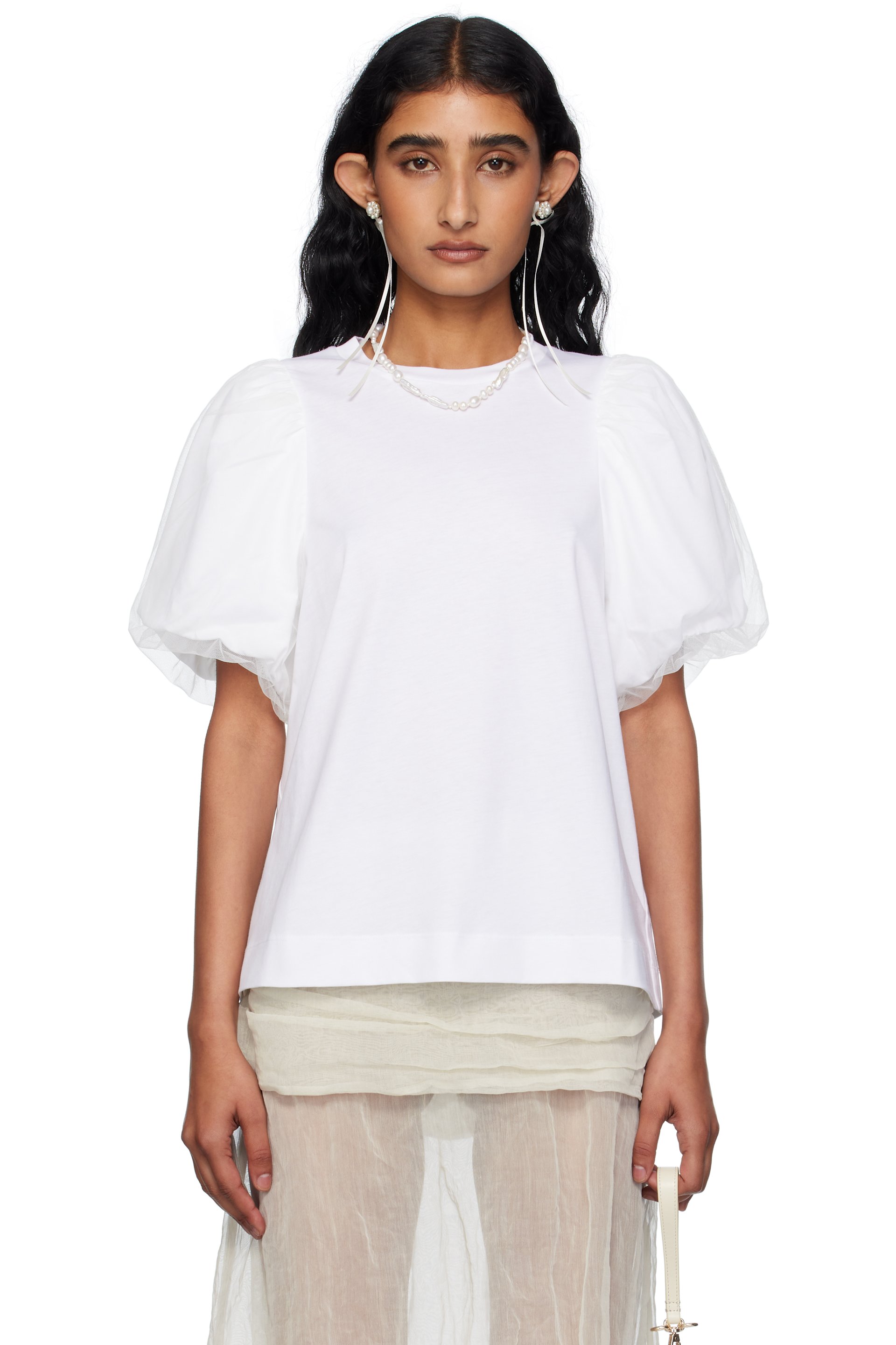 Simone Rocha - T-shirt à manches bouffantes blanc à empiècements en tulle