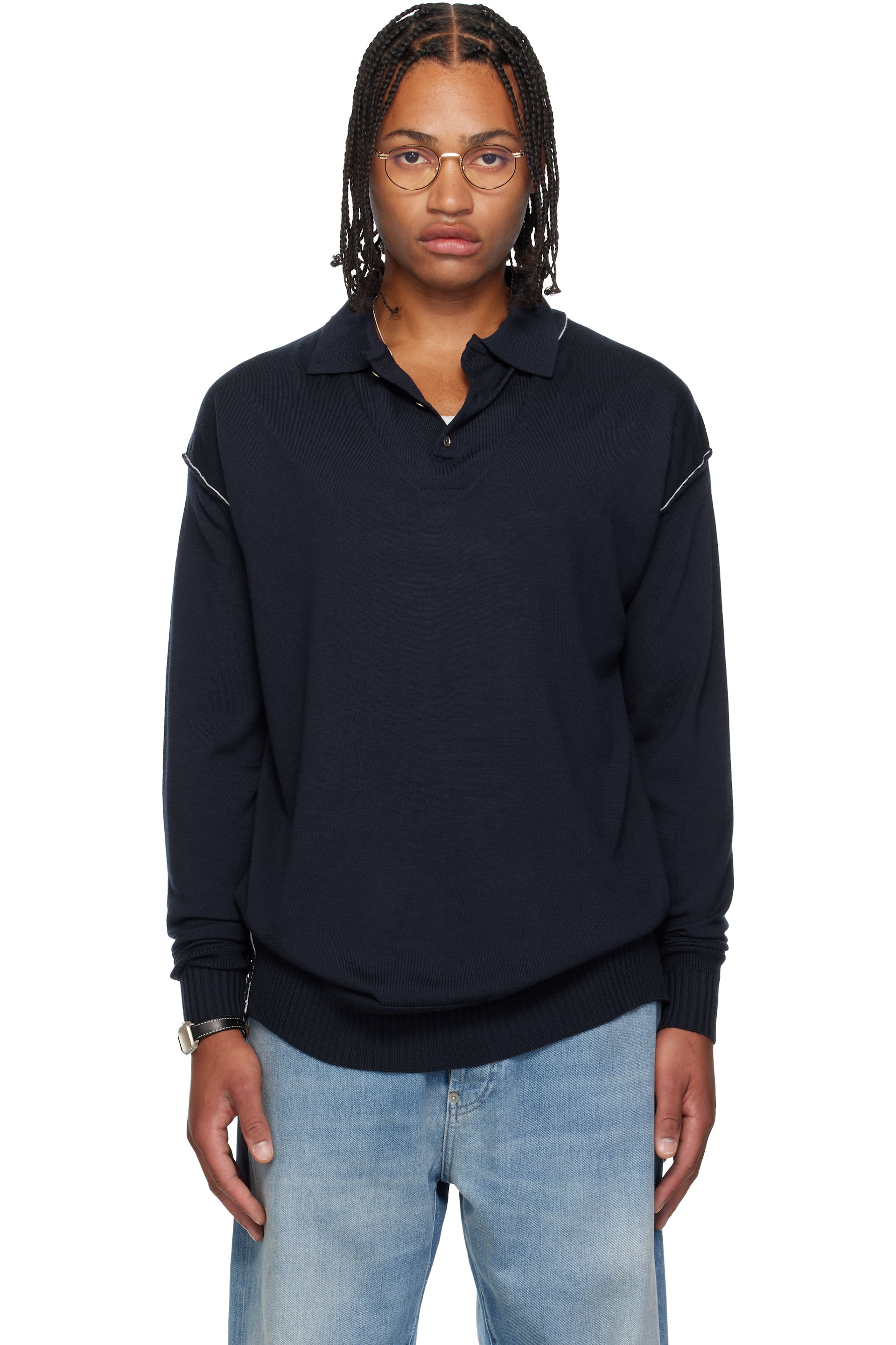 SONIA CARRASCO - Navy Knit Double Collar Polo