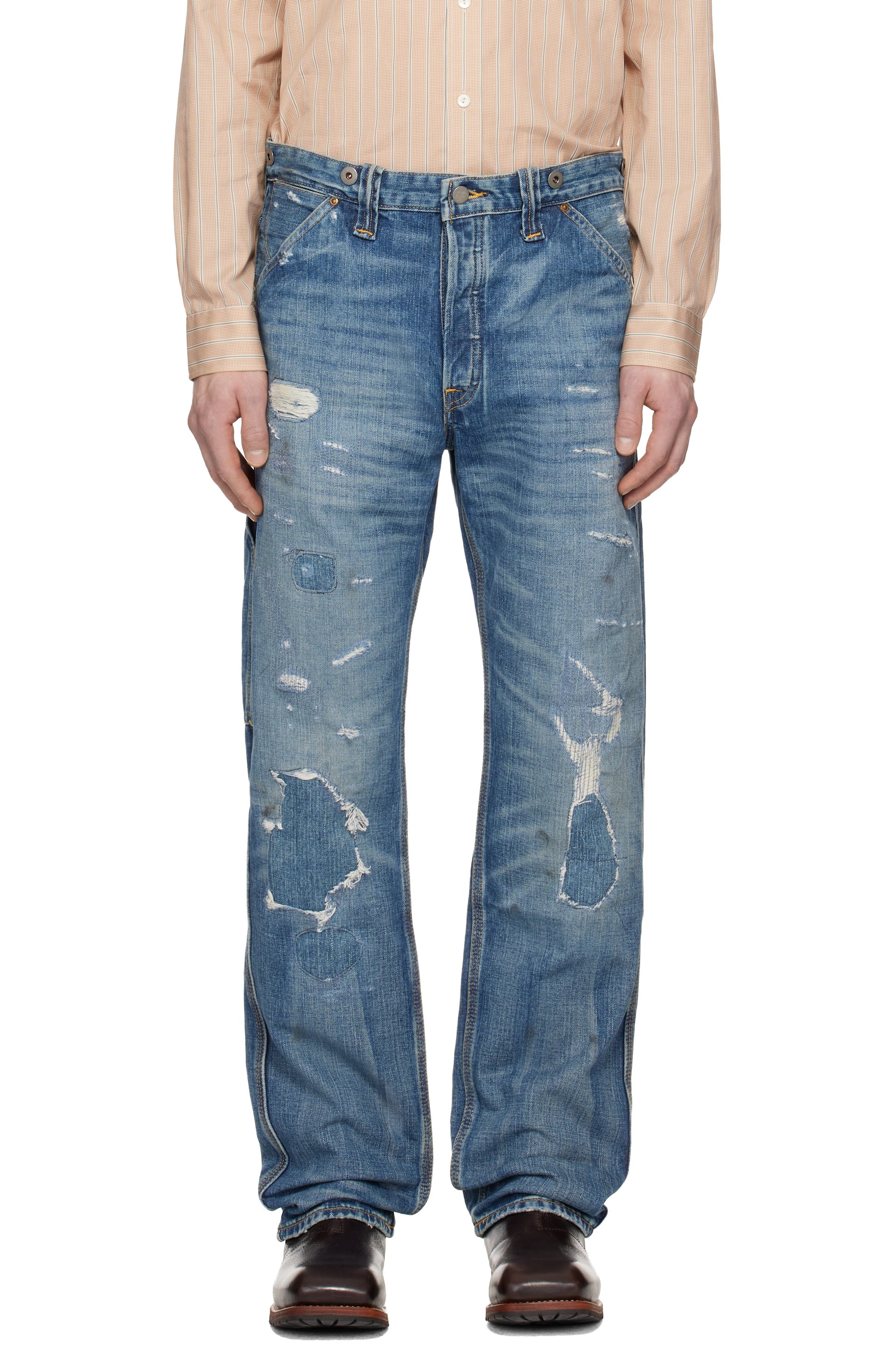 RRL - Blue Straight Fit Brayton Distressed Jeans