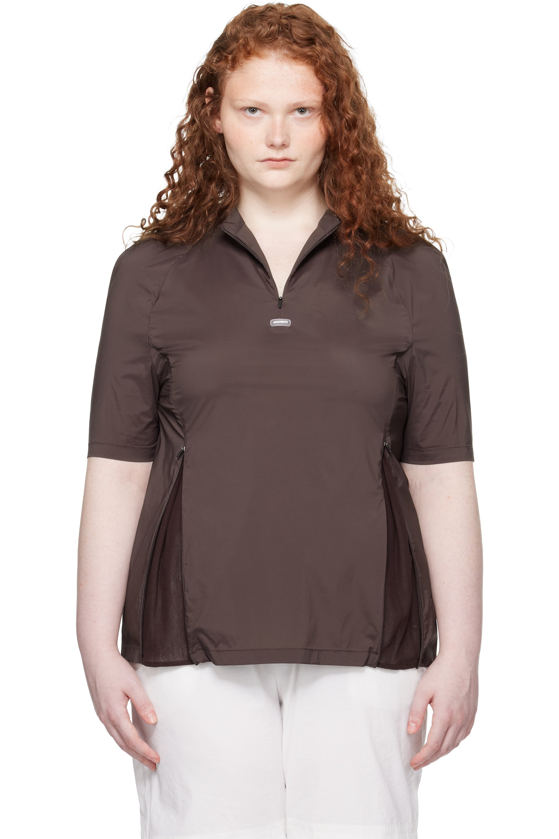 AMOMENTO - Brown Mock Neck Half Zip T-shirt