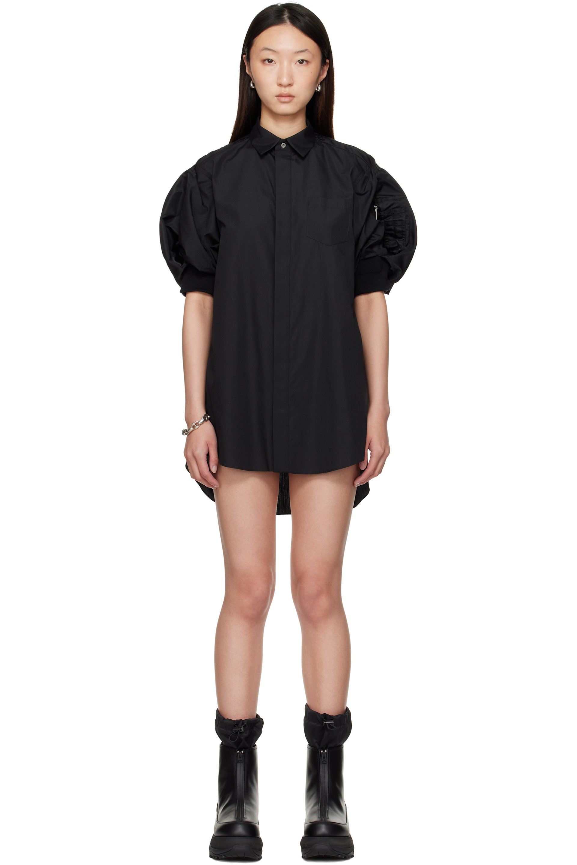 sacai - Robe courte noire en popeline et en sergé