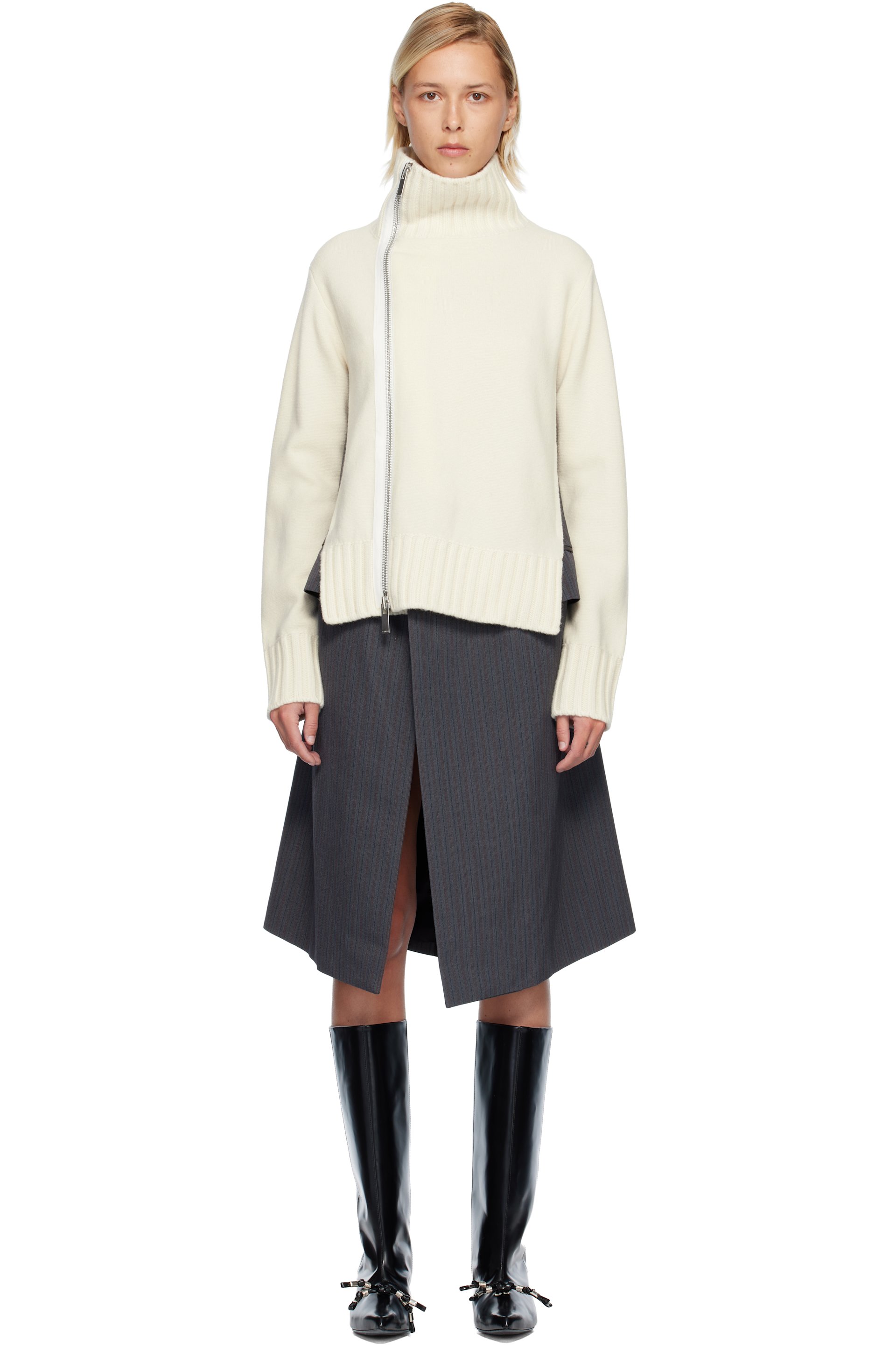 sacai - Robe midi blanc cassé en étoffe chamoisée et en tricot de laine à rayures