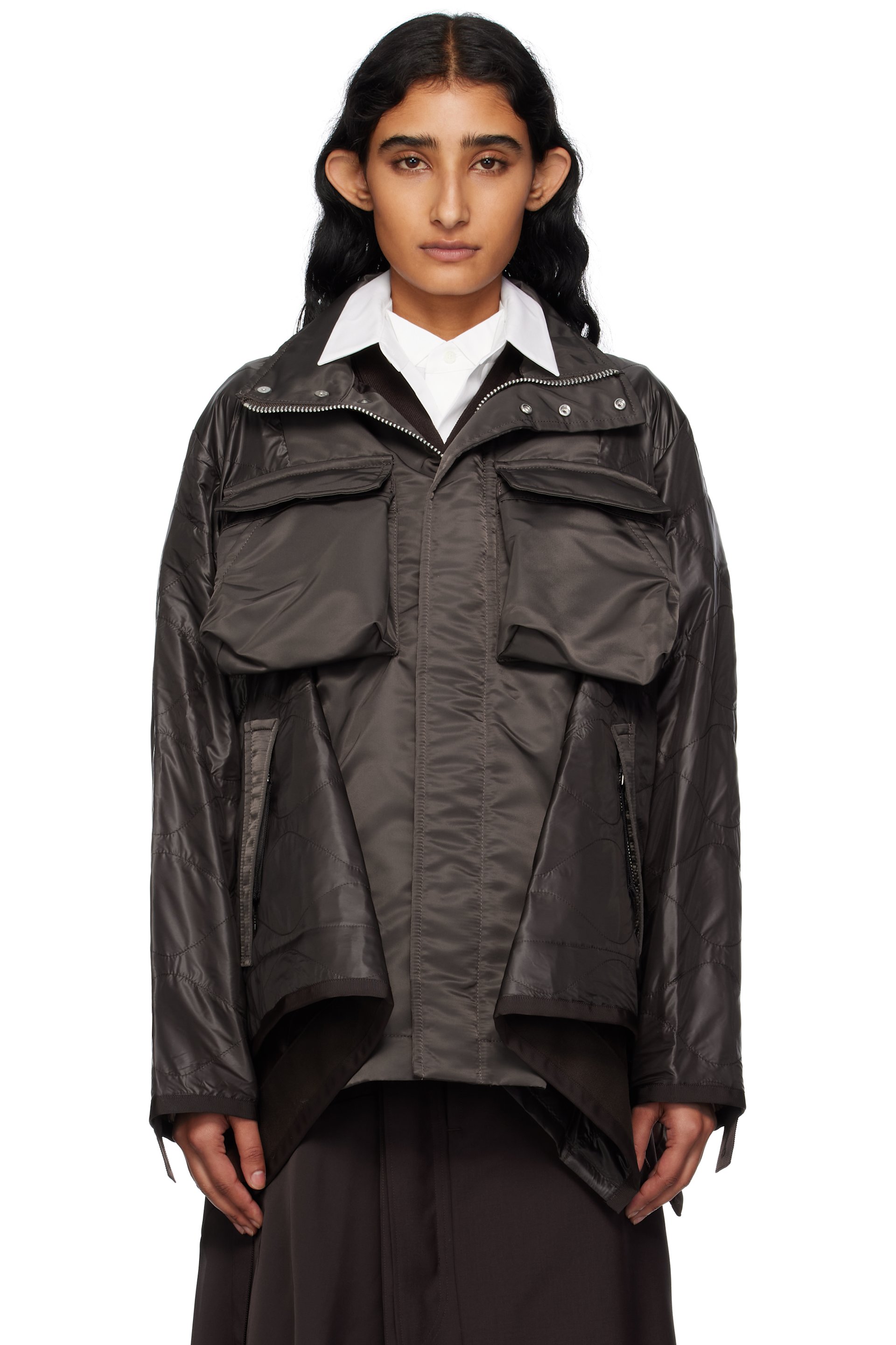 sacai - Manteau brun en sergé de nylon à panneaux