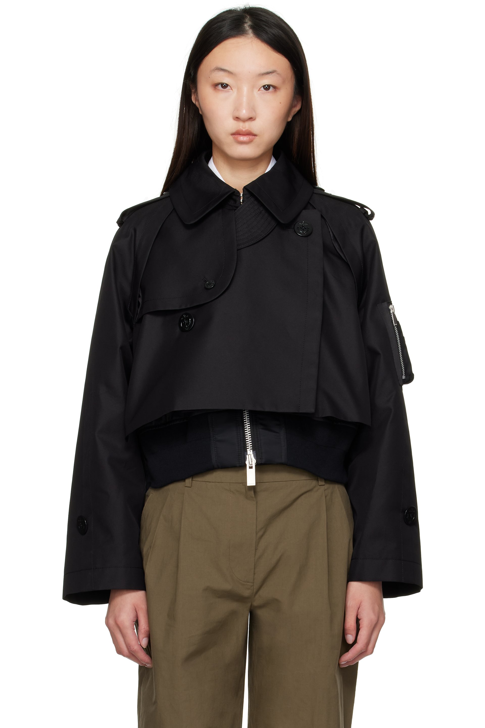 sacai - Blouson noir en gabardine à empiècement en sergé