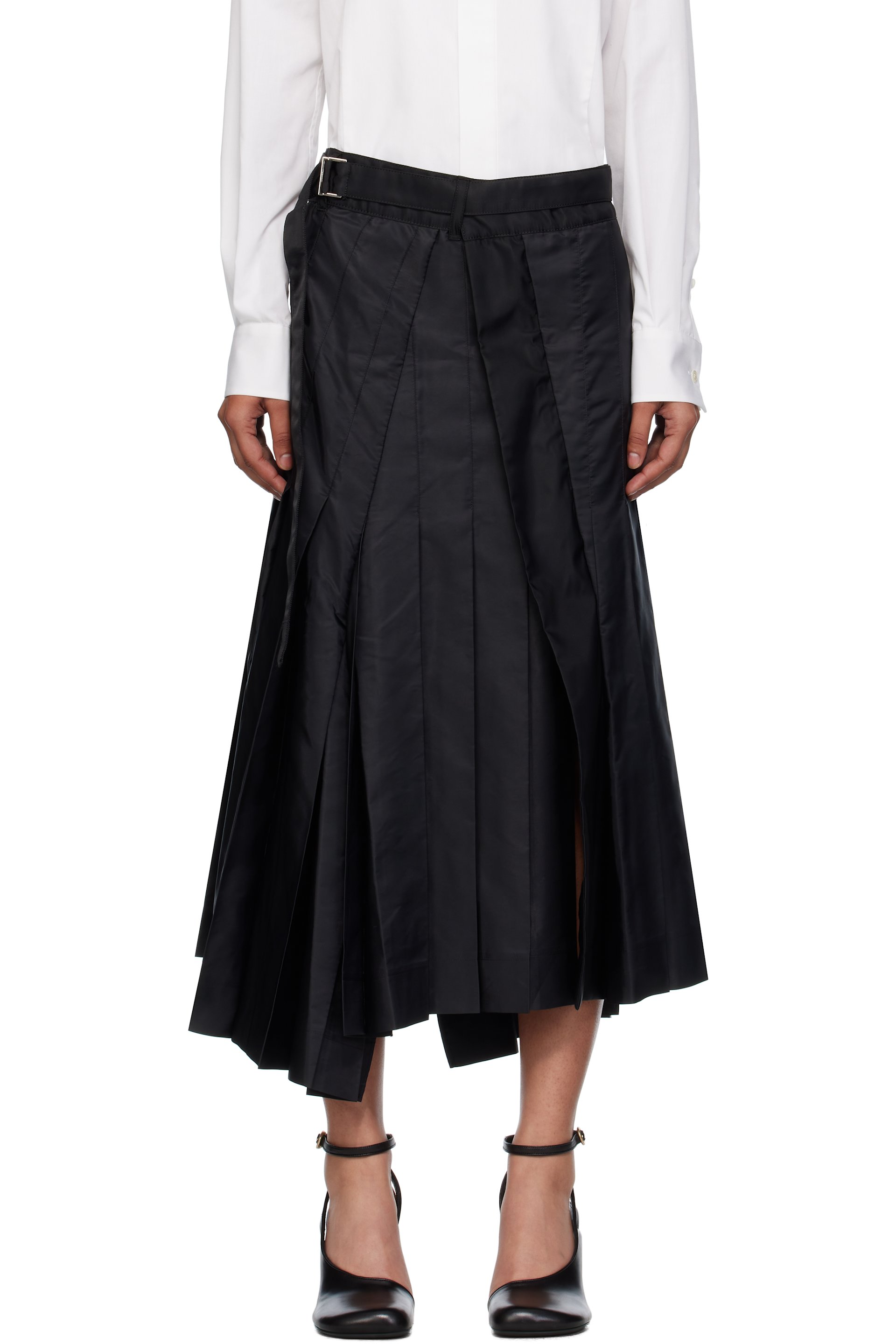 sacai - Black Nylon Twill Mix Midi Skirt