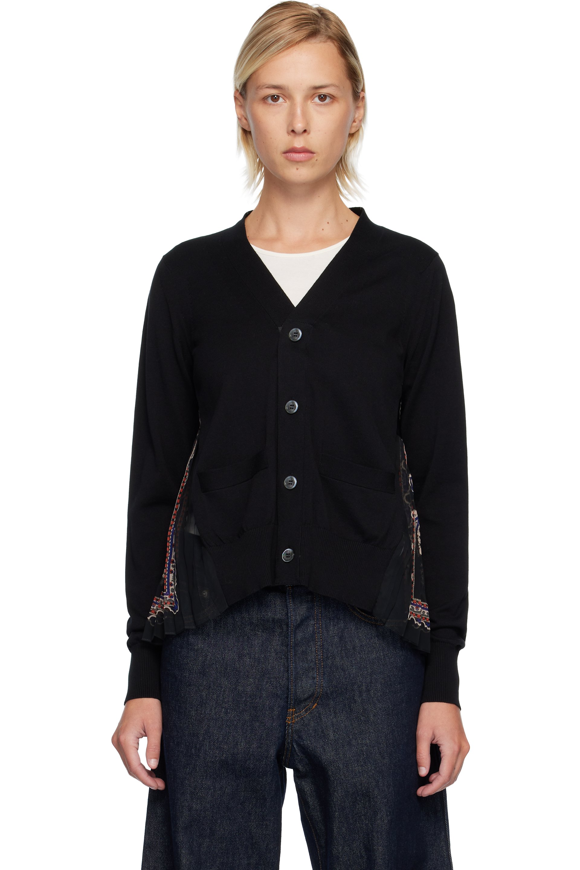 sacai - Cardigan noir en tricot de coton à motif cachemire imprimé