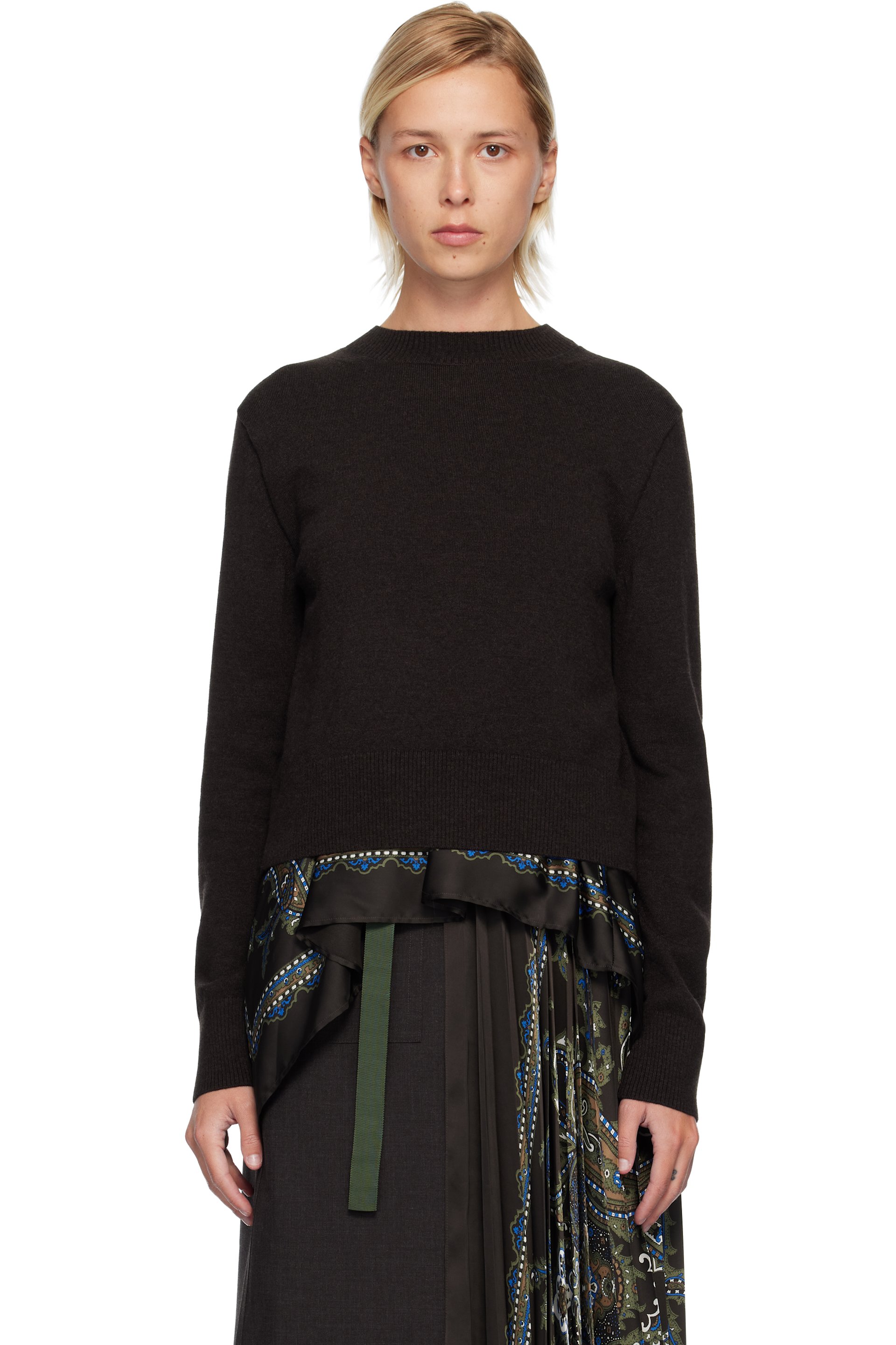 sacai - Pull brun en tricot de laine à motif cachemire