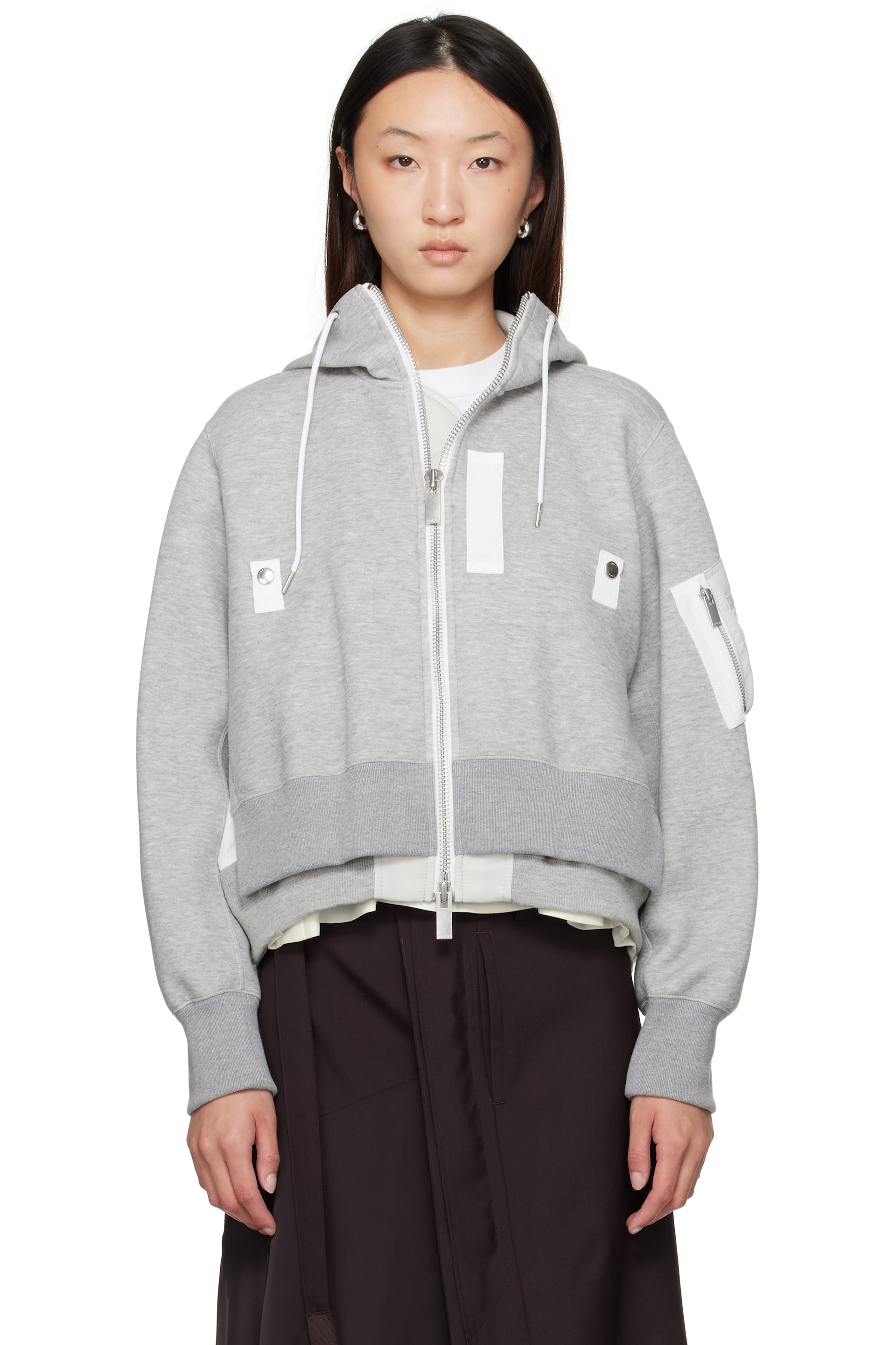sacai - Pull à capuche gris en jersey à empiècement en nylon