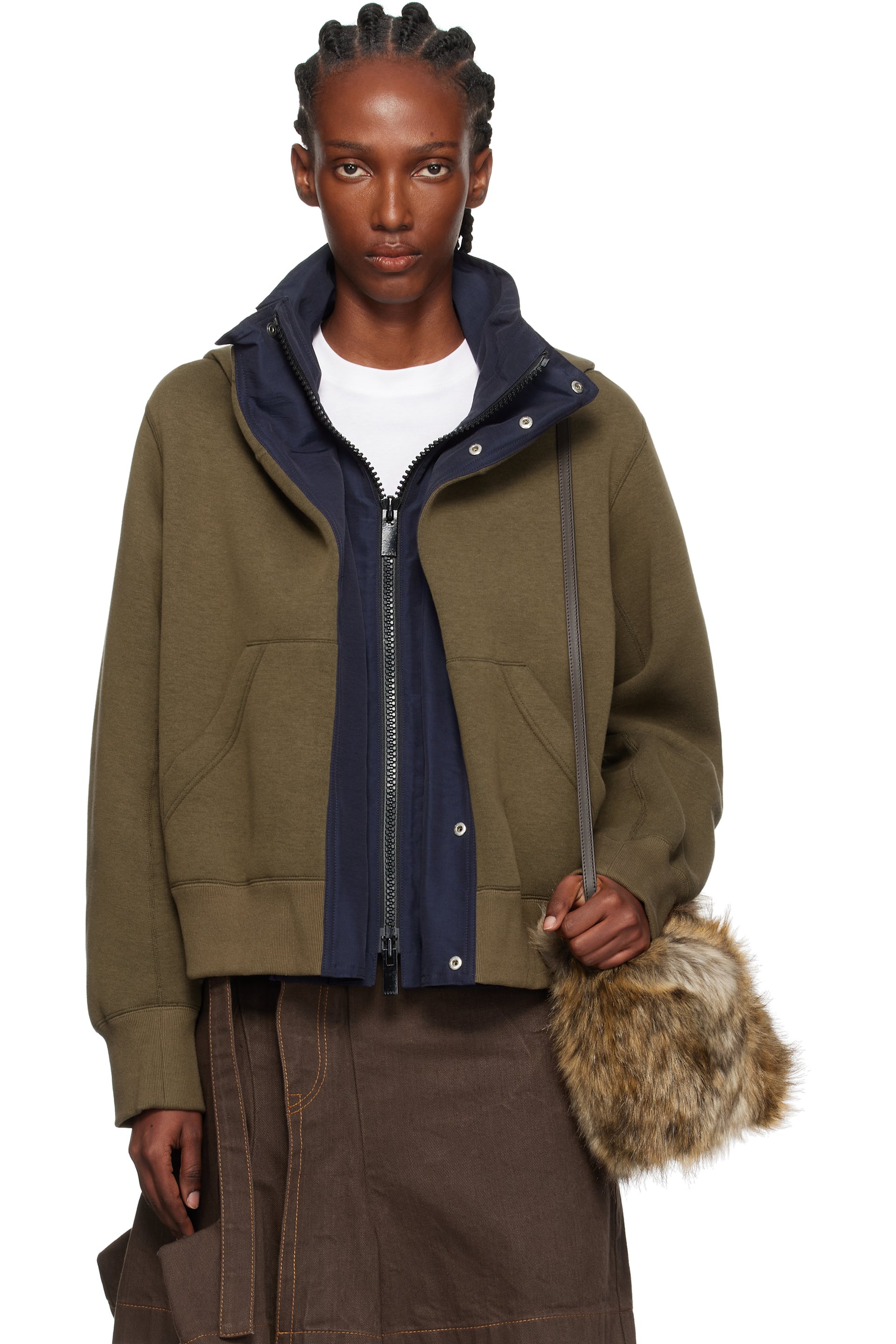 sacai - Khaki & Navy Sponge Sweat x Grosgrain Hoodie
