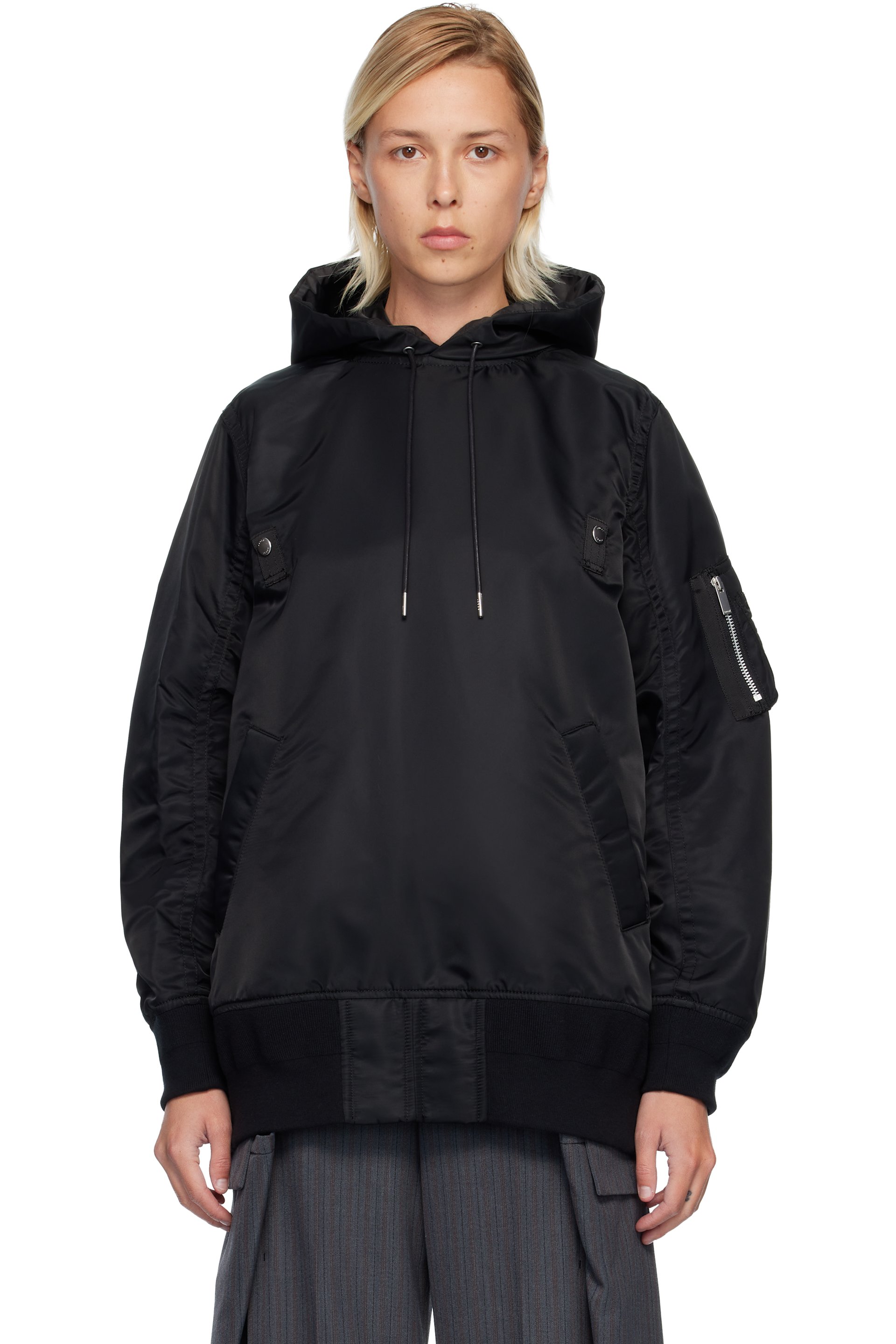 sacai: Black Nylon Twill Hoodie | SSENSE