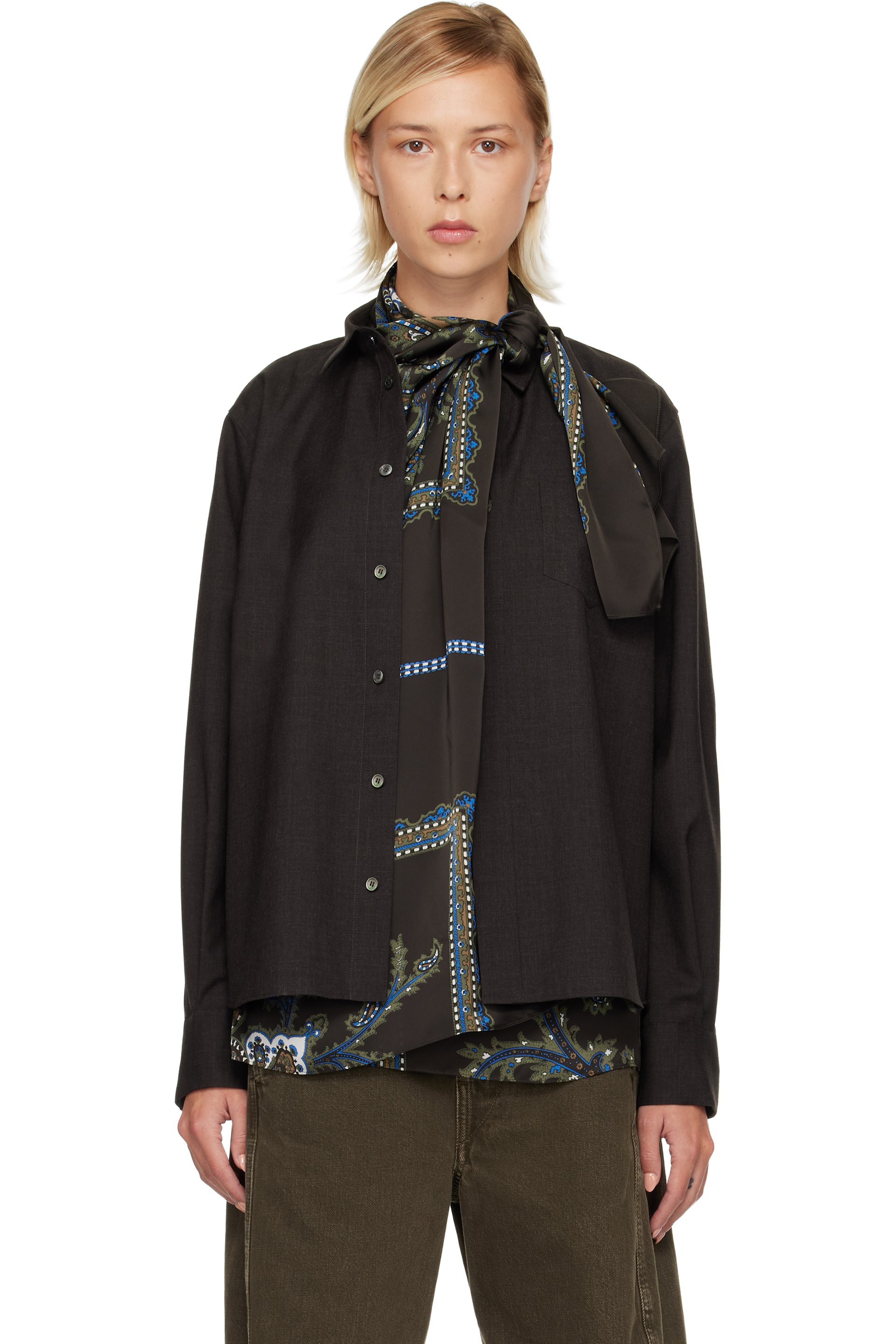 sacai - Chemise brune en tissu de costume à motif cachemire