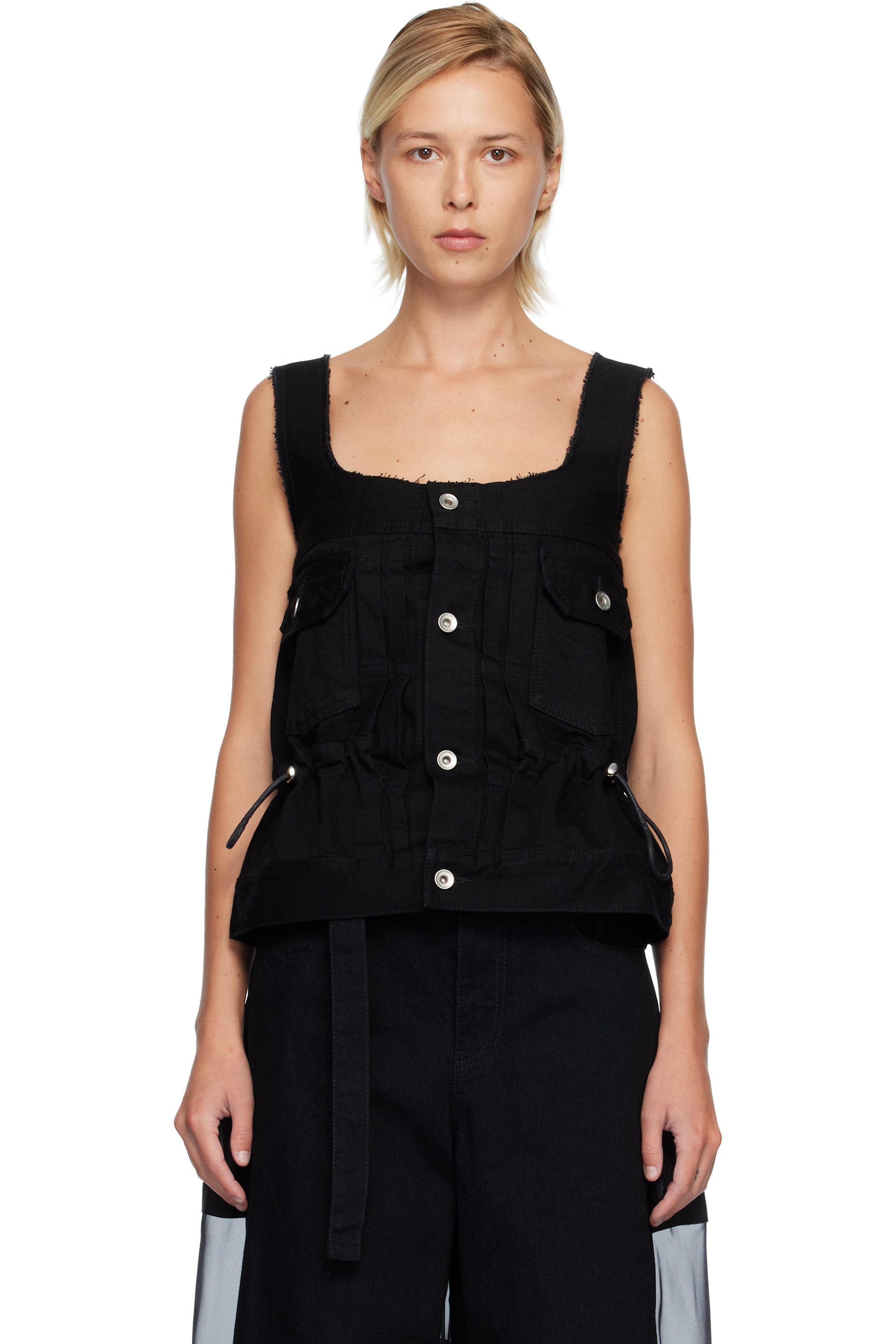 sacai ノースリーブ タンクトップ size 1 sacai: Black Square Neck Denim Tank Top | SSENSE