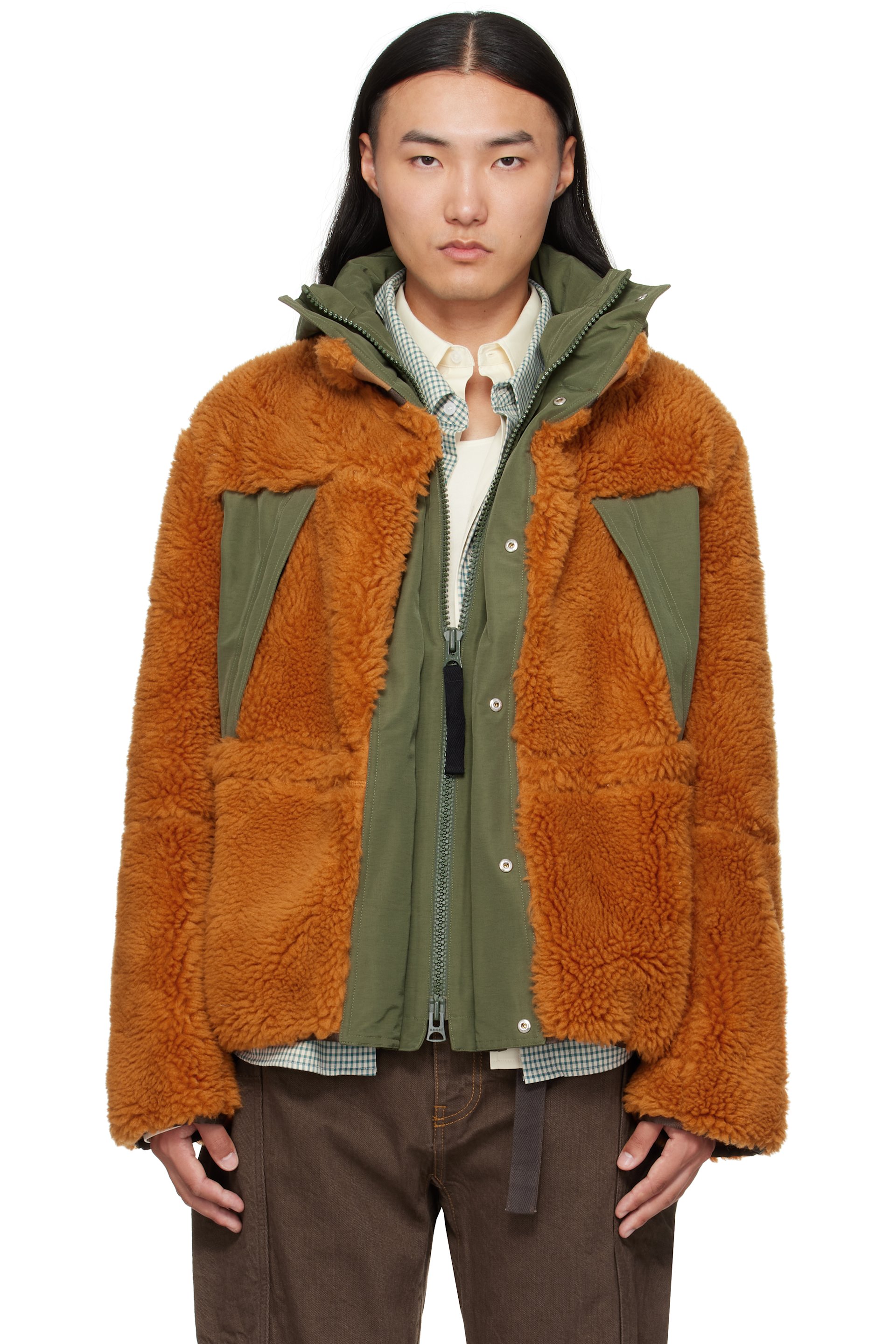 sacai - Orange & Khaki Fleece & Grosgrain Jacket