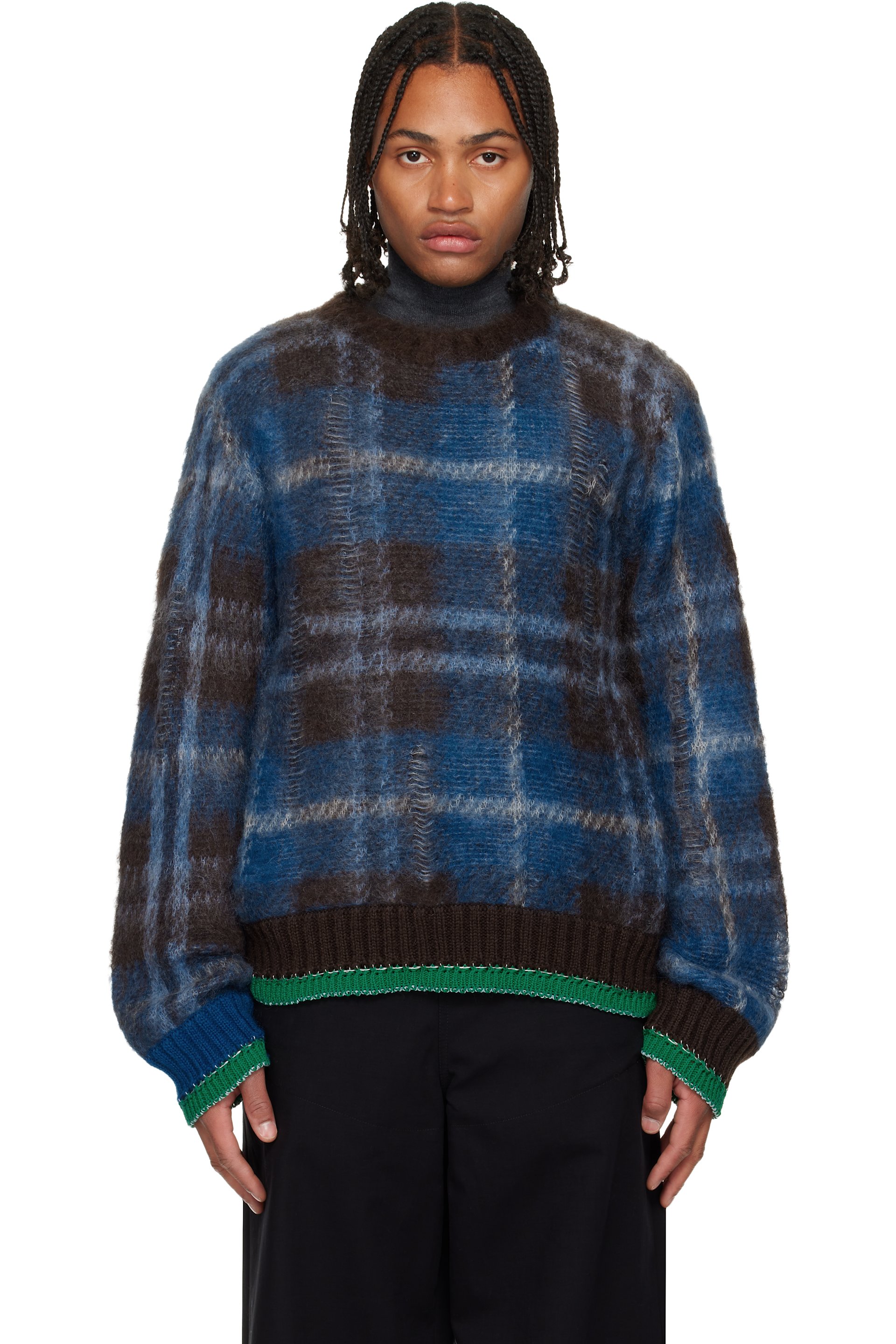 sacai - Brown & Blue Plaid Mohair Sweater